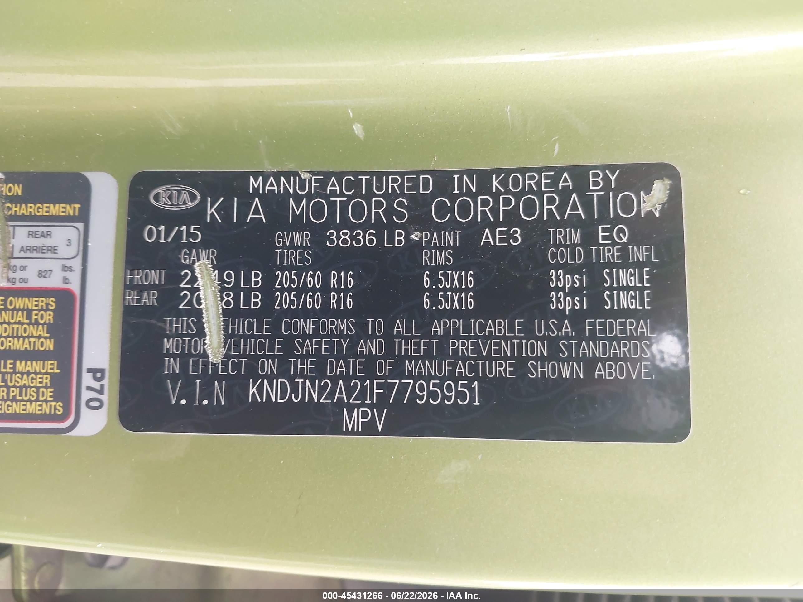 2015 Kia Soul   Green vin: KNDJN2A21F7795951