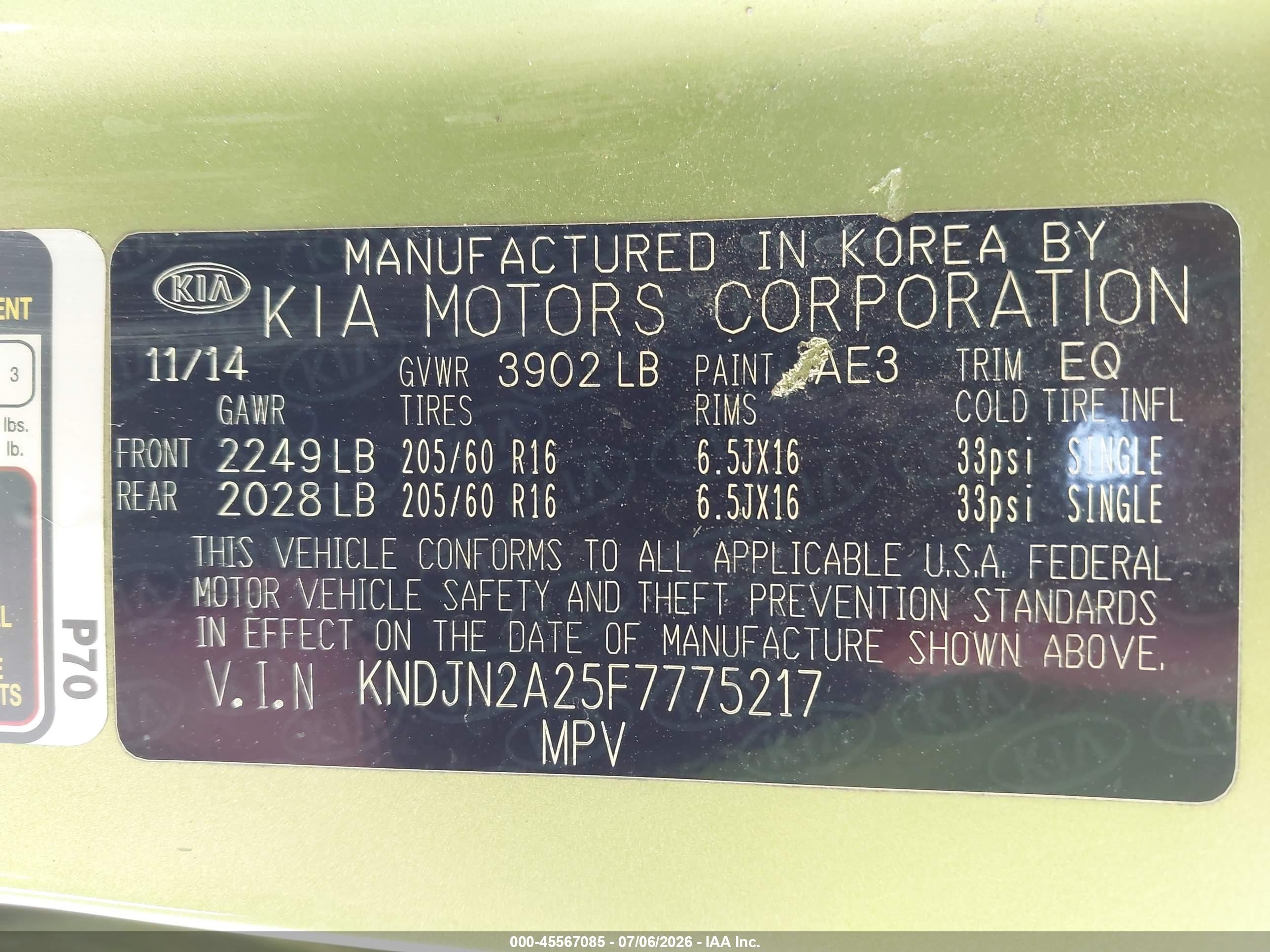 2015 Kia Soul   Green vin: KNDJN2A25F7775217