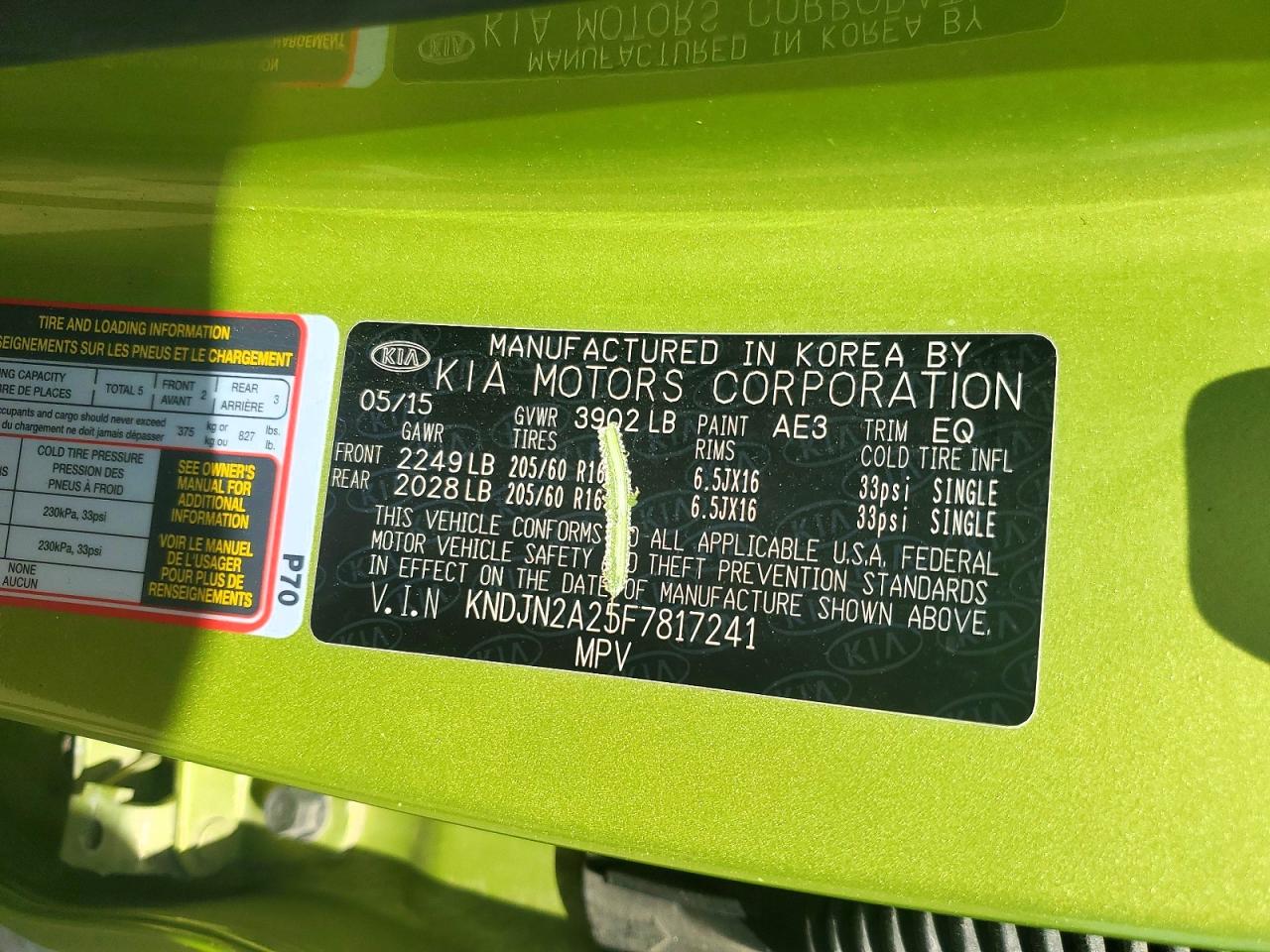 2015 Kia Soul Base Green vin: KNDJN2A25F7817241