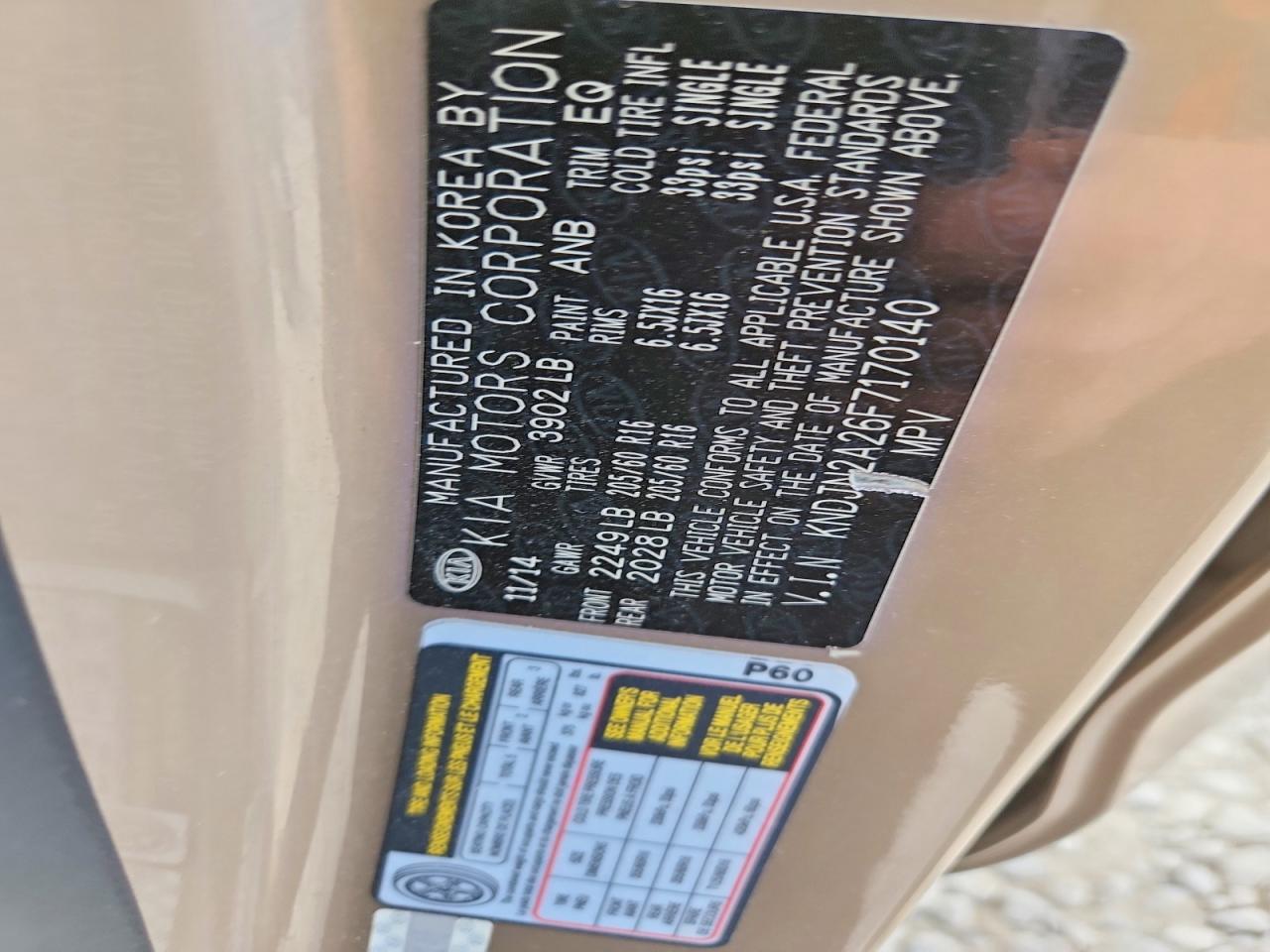 2015 Kia Soul Base Tan vin: KNDJN2A26F7170140