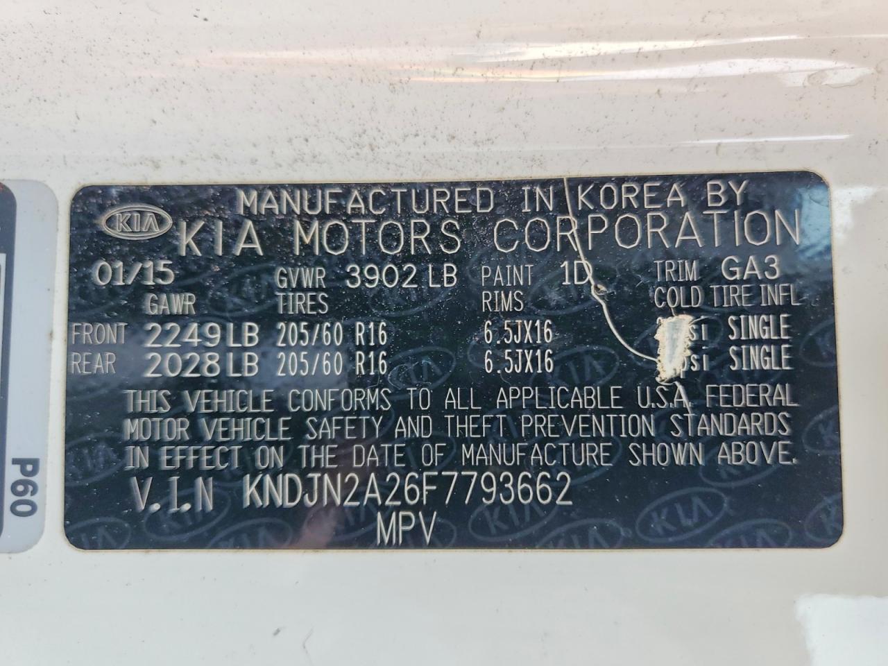 2015 Kia Soul Base Белый vin: KNDJN2A26F7793662