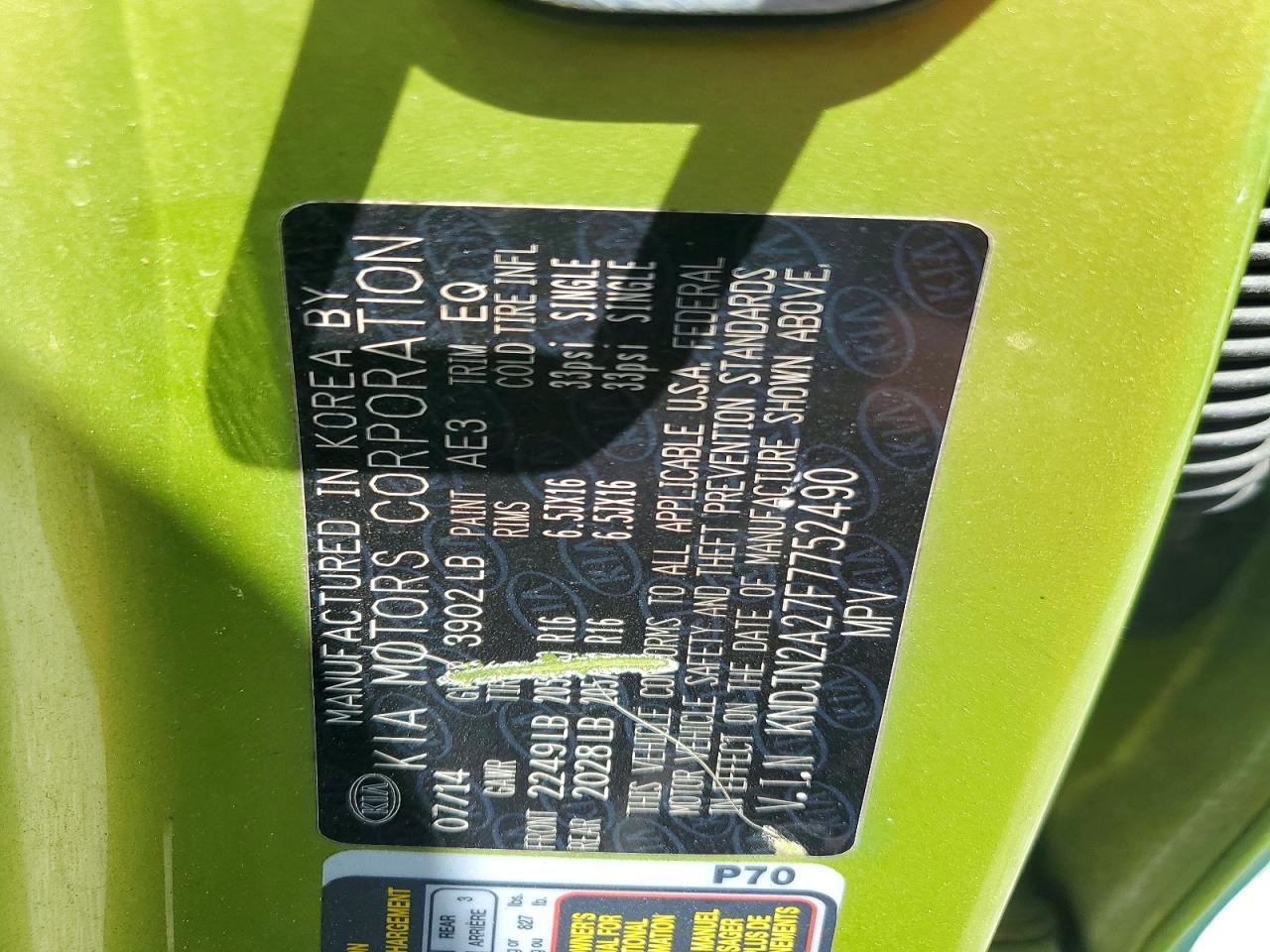 2015 Kia Soul Base Green vin: KNDJN2A27F7752490