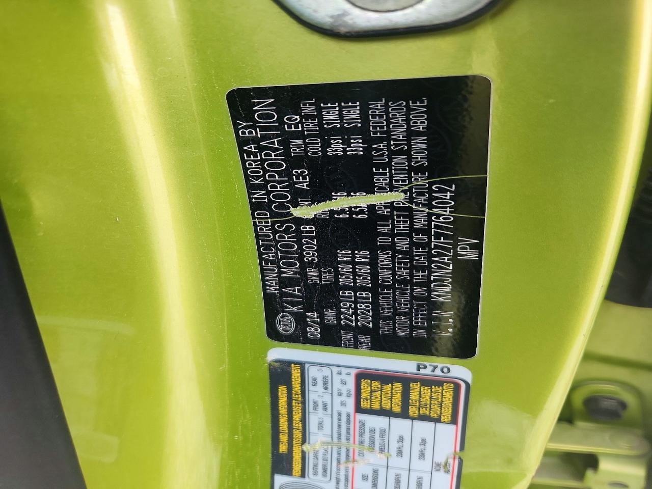2015 Kia Soul Base Зеленый vin: KNDJN2A27F7764042