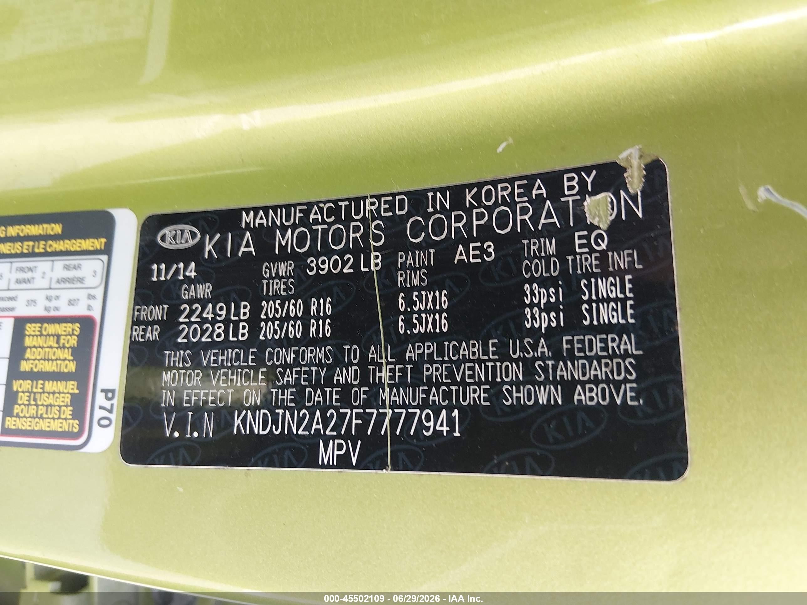 2015 Kia Soul   Green vin: KNDJN2A27F7777941