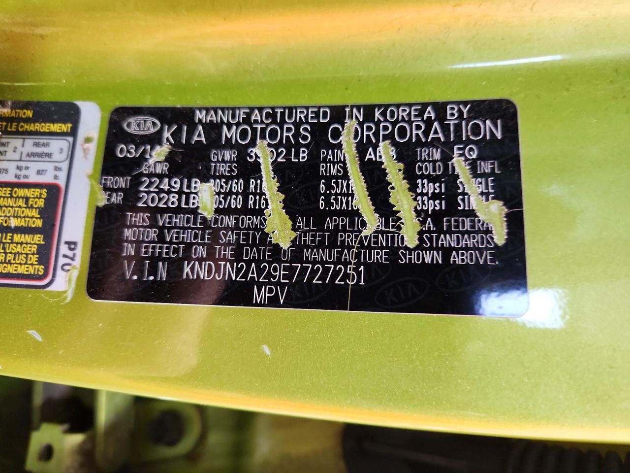 2014 Kia Soul Base Green vin: KNDJN2A29E7727251