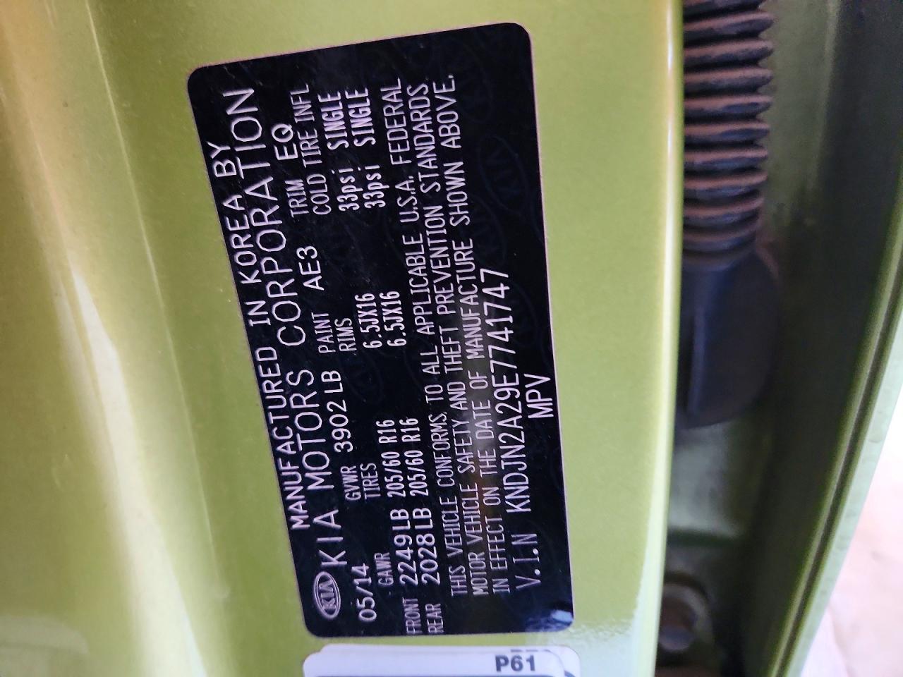 2014 Kia Soul Base Green vin: KNDJN2A29E7741747