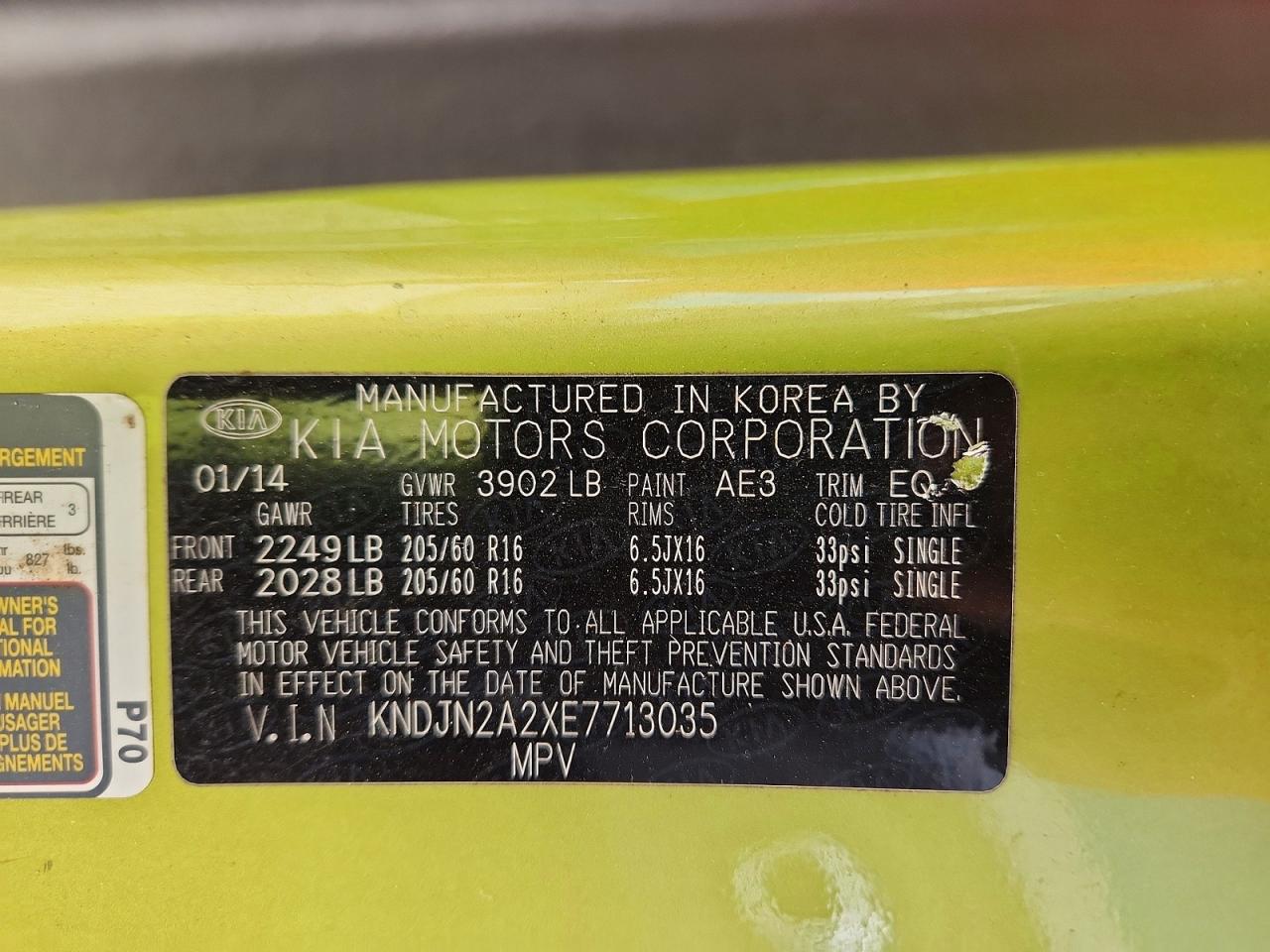 2014 Kia Soul Base Green vin: KNDJN2A2XE7713035