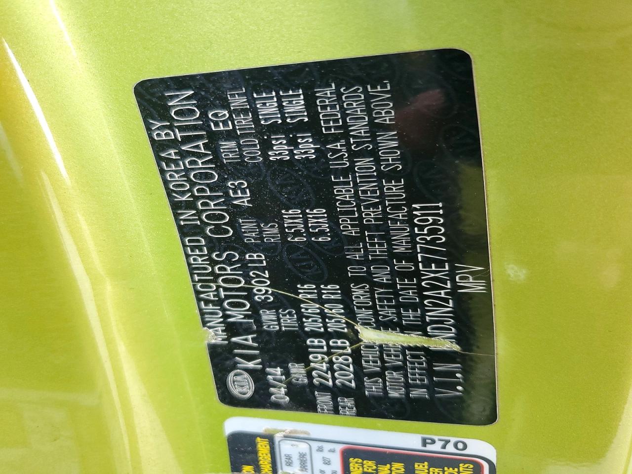 2014 Kia Soul Base Green vin: KNDJN2A2XE7735911