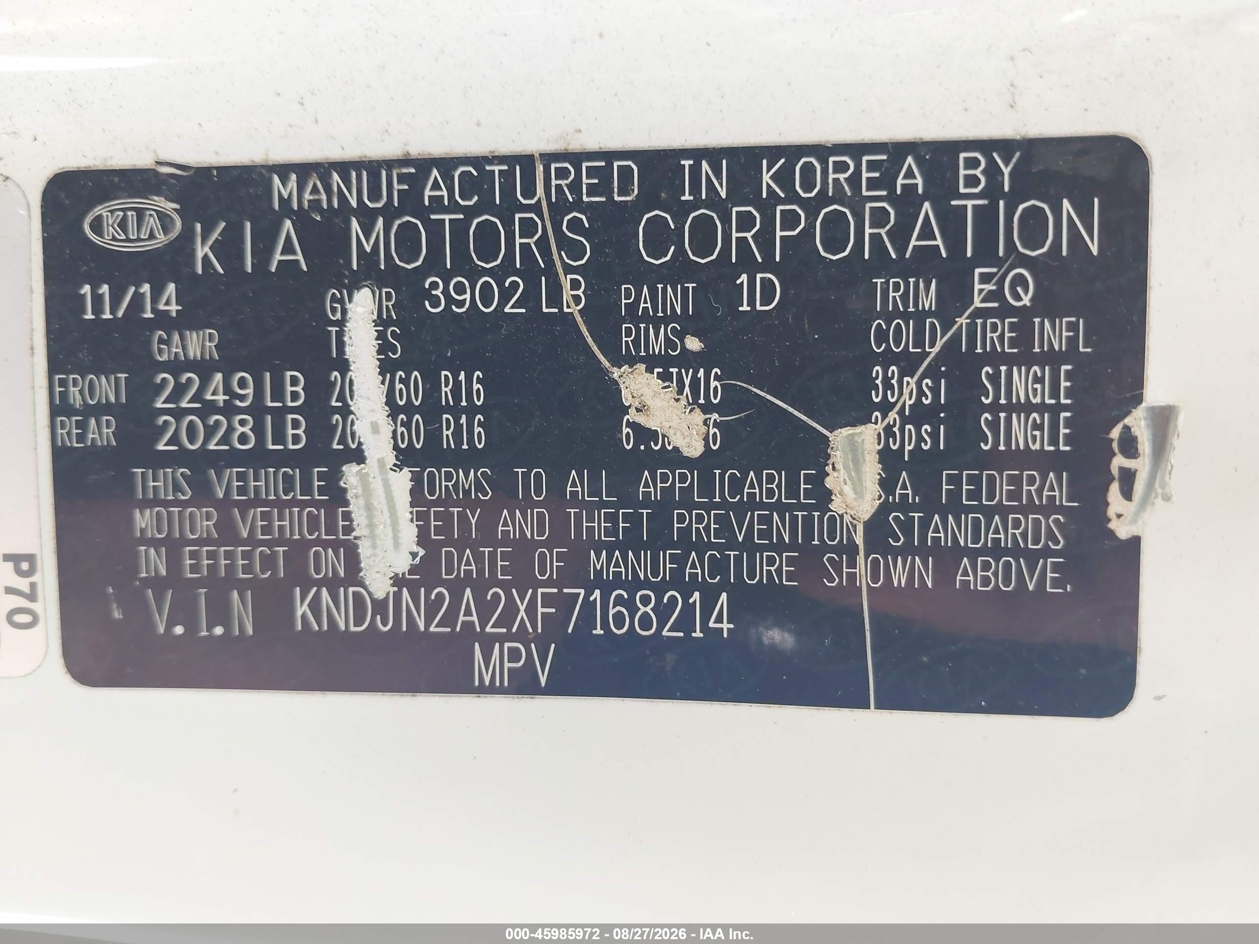 2015 Kia Soul   White vin: KNDJN2A2XF7168214
