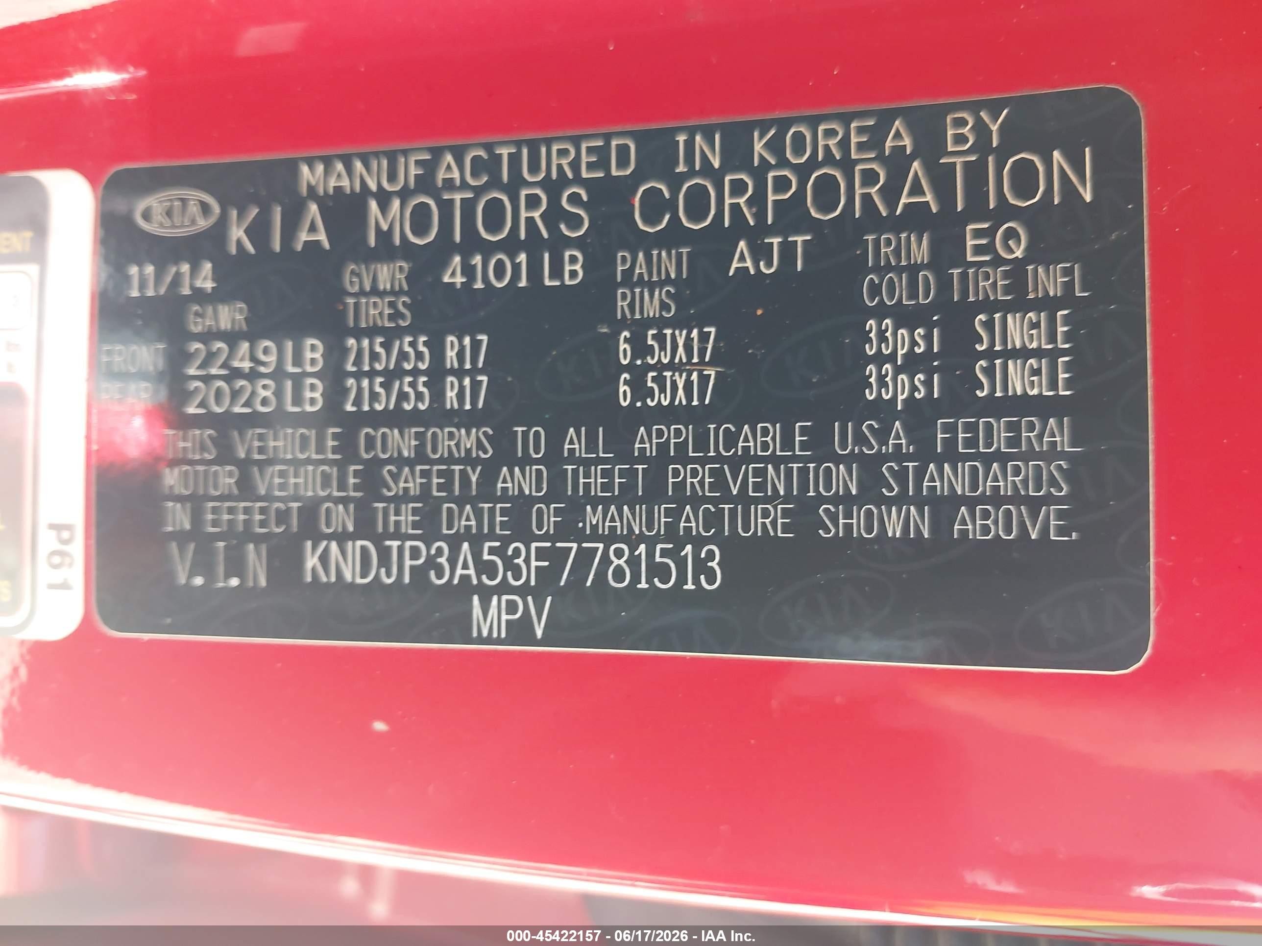 2015 Kia Soul + Red vin: KNDJP3A53F7781513