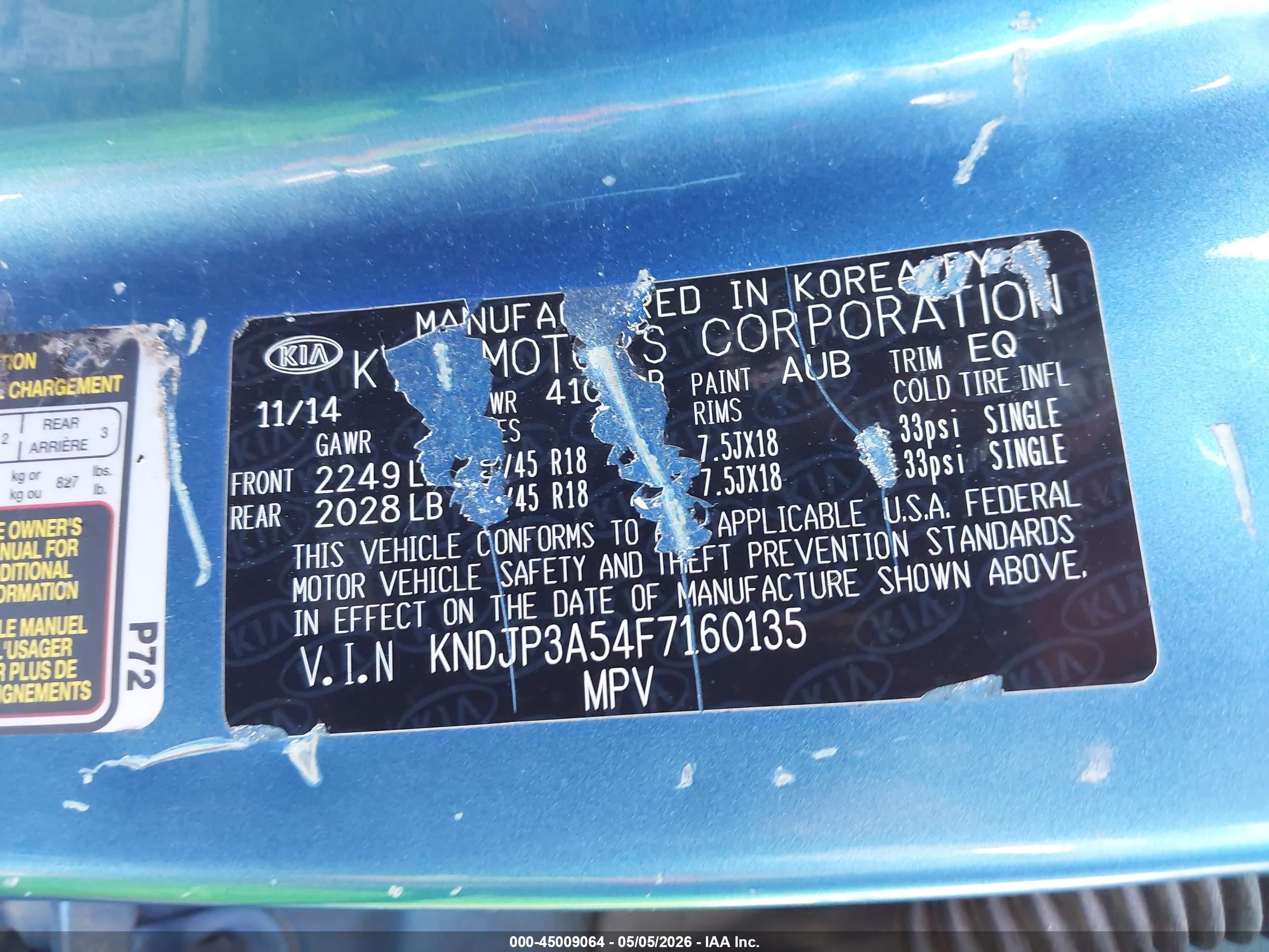 2015 Kia Soul + Blue vin: KNDJP3A54F7160135