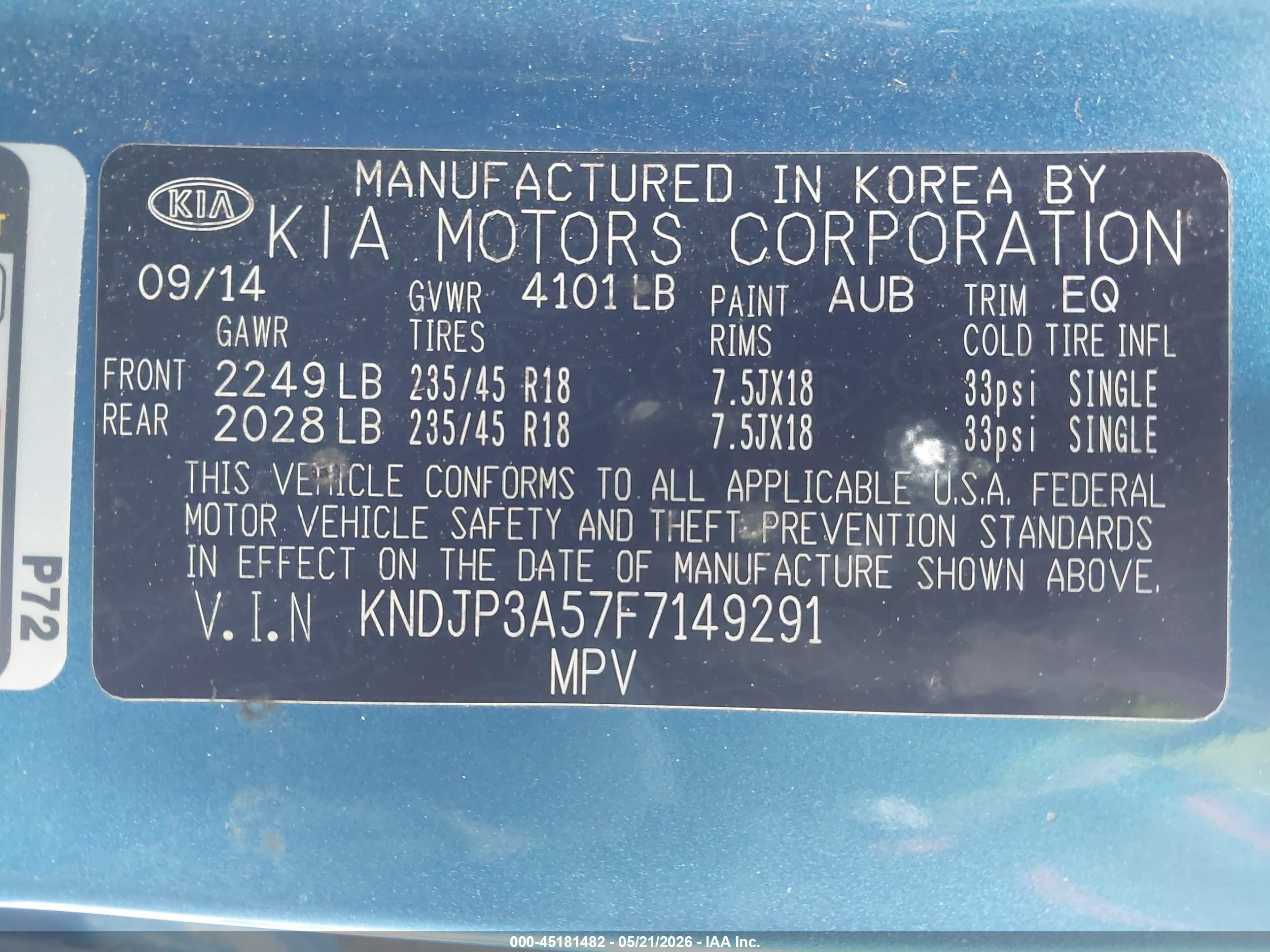 2015 Kia Soul + Blue vin: KNDJP3A57F7149291