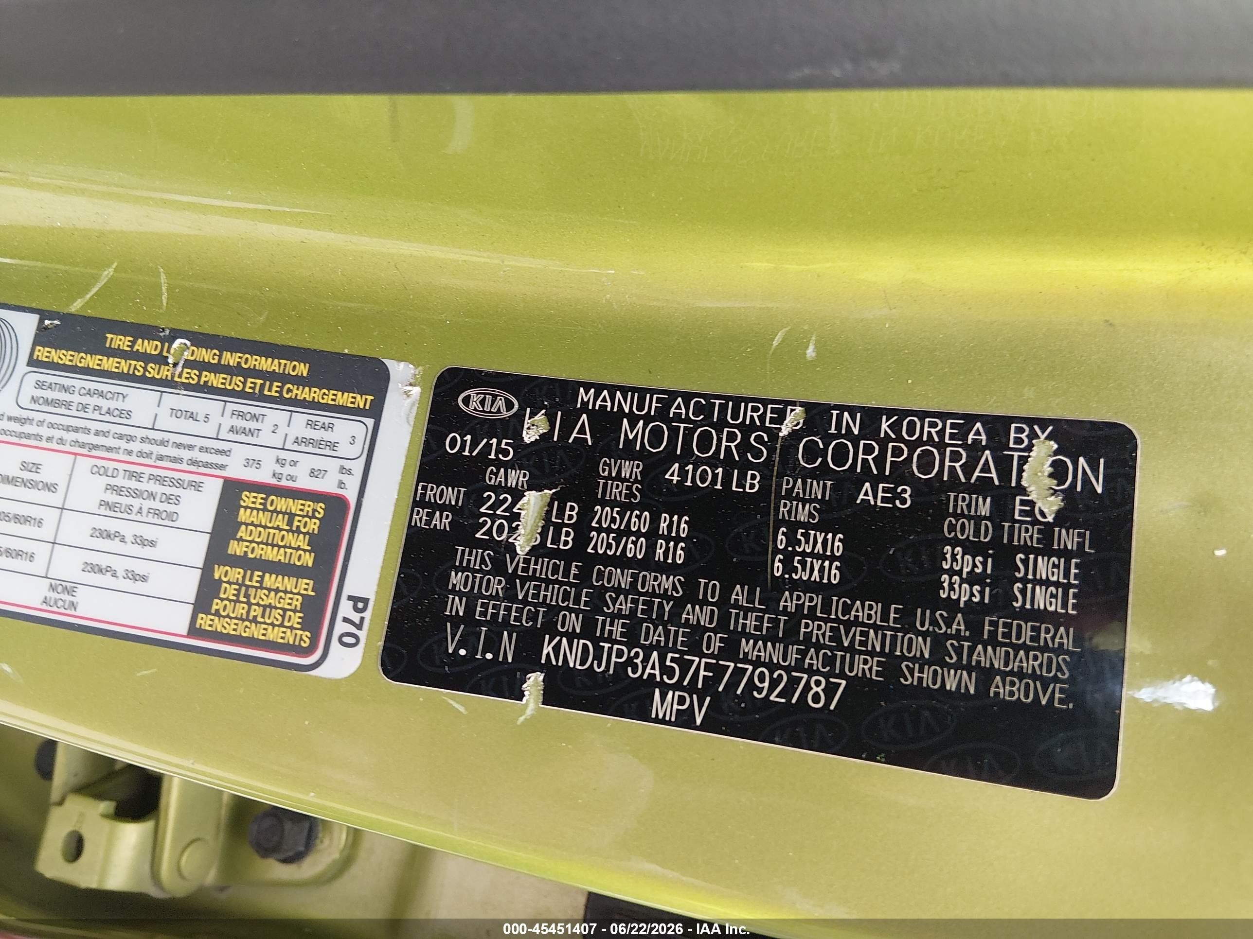 2015 Kia Soul + Gold vin: KNDJP3A57F7792787