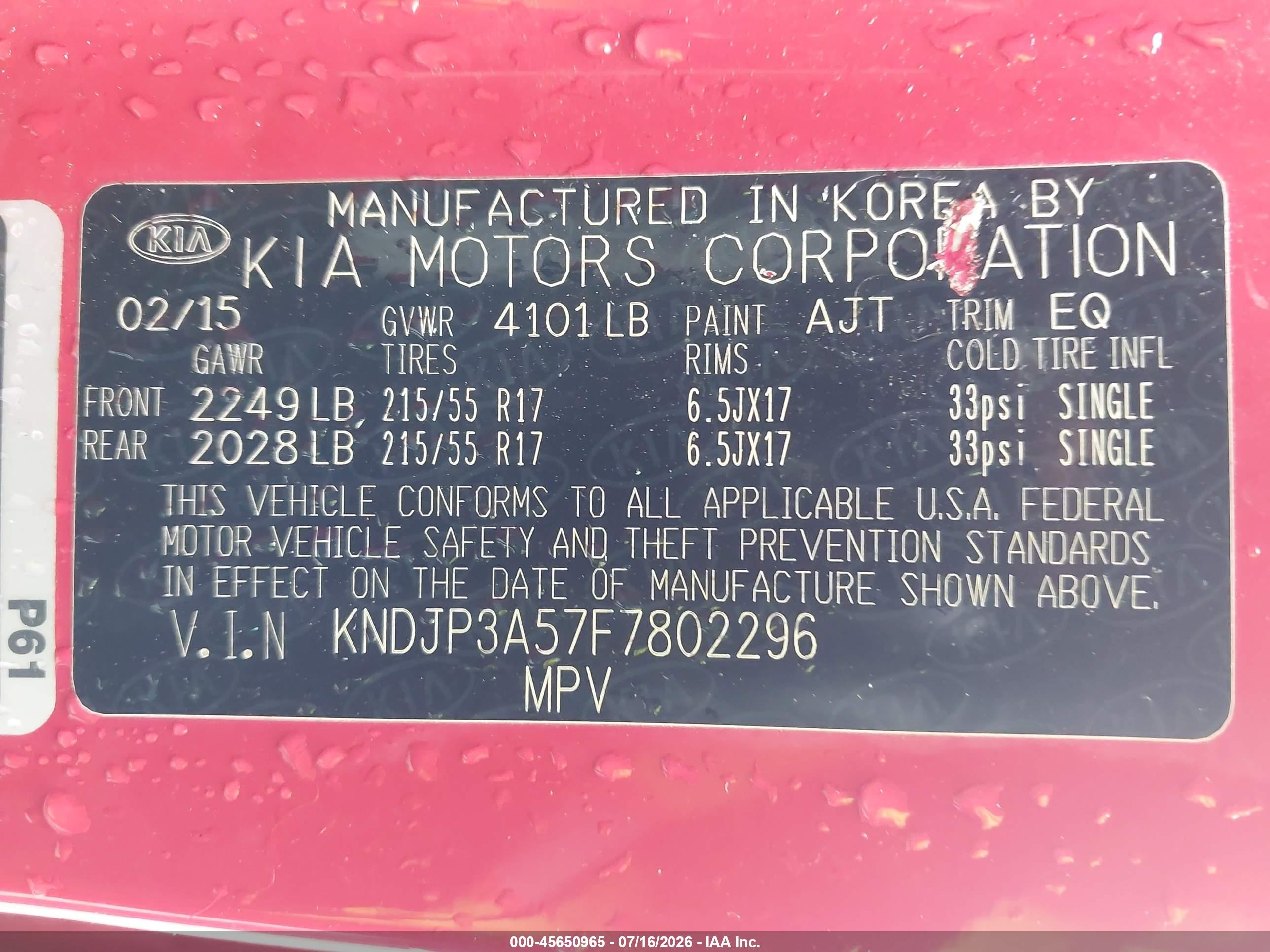 2015 Kia Soul + Red vin: KNDJP3A57F7802296