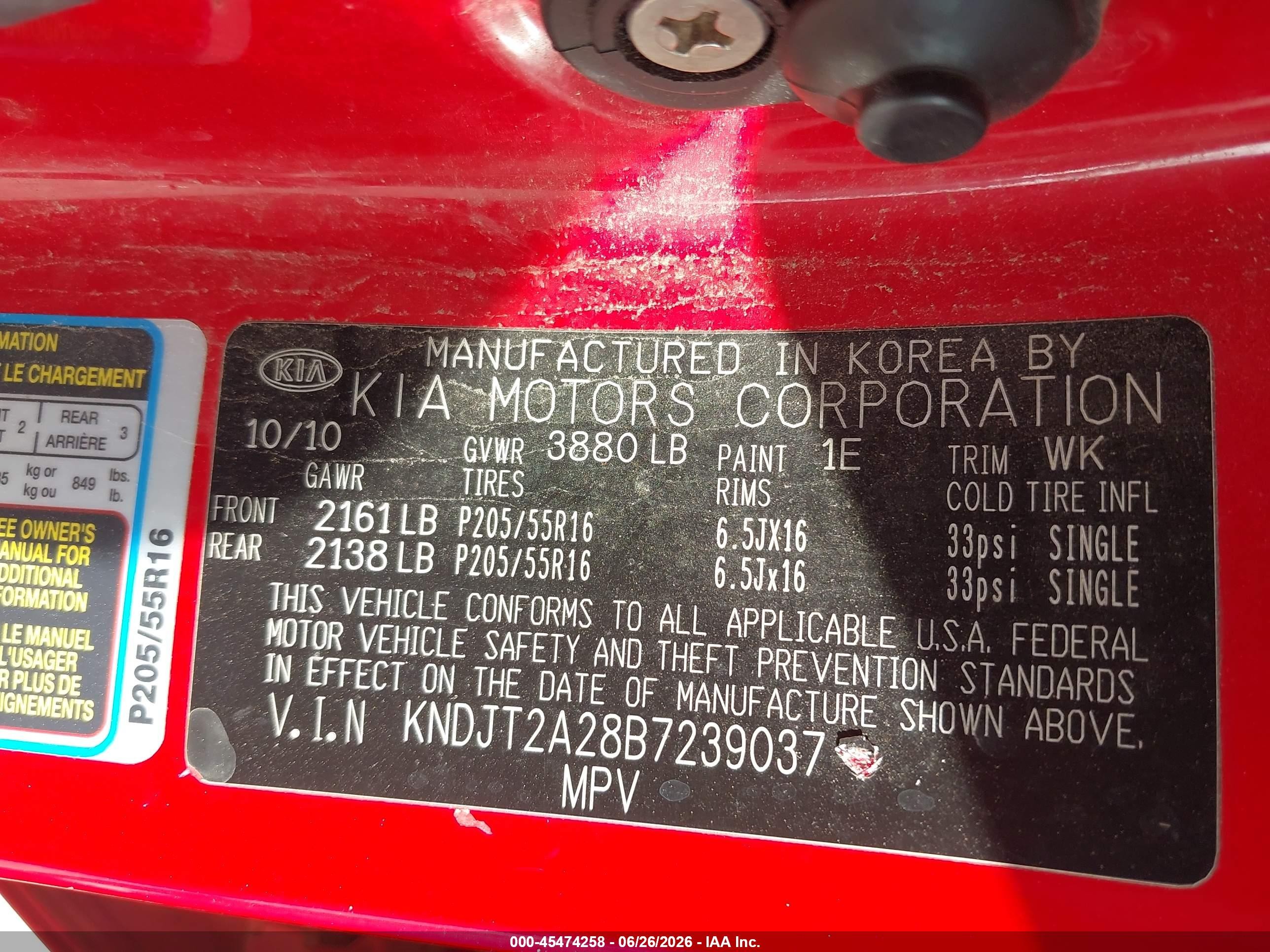 2011 Kia Soul + Red vin: KNDJT2A28B7239037