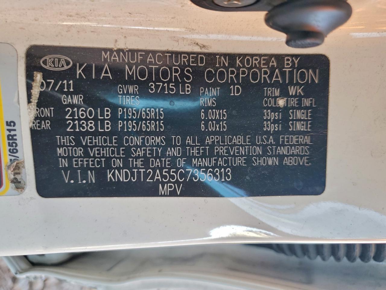 2012 Kia Soul Base White vin: KNDJT2A55C7356313