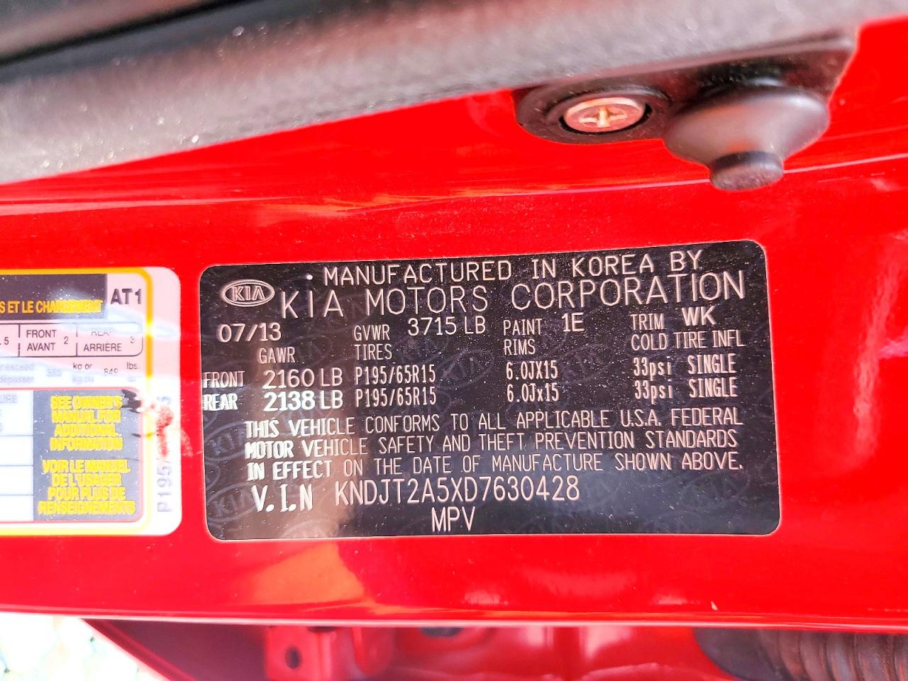 2013 Kia Soul Base Red vin: KNDJT2A5XD7630428