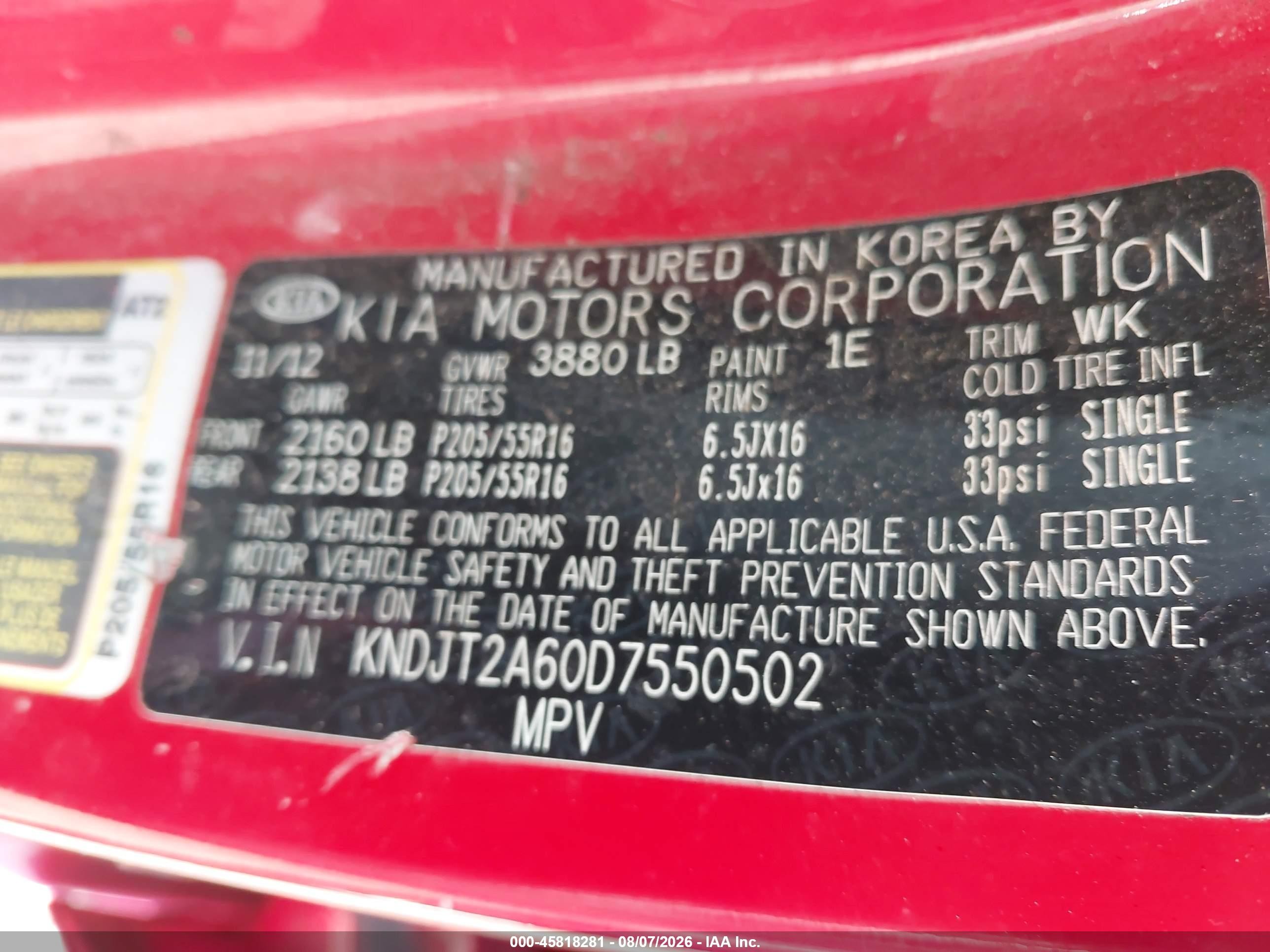 2013 Kia Soul + Red vin: KNDJT2A60D7550502