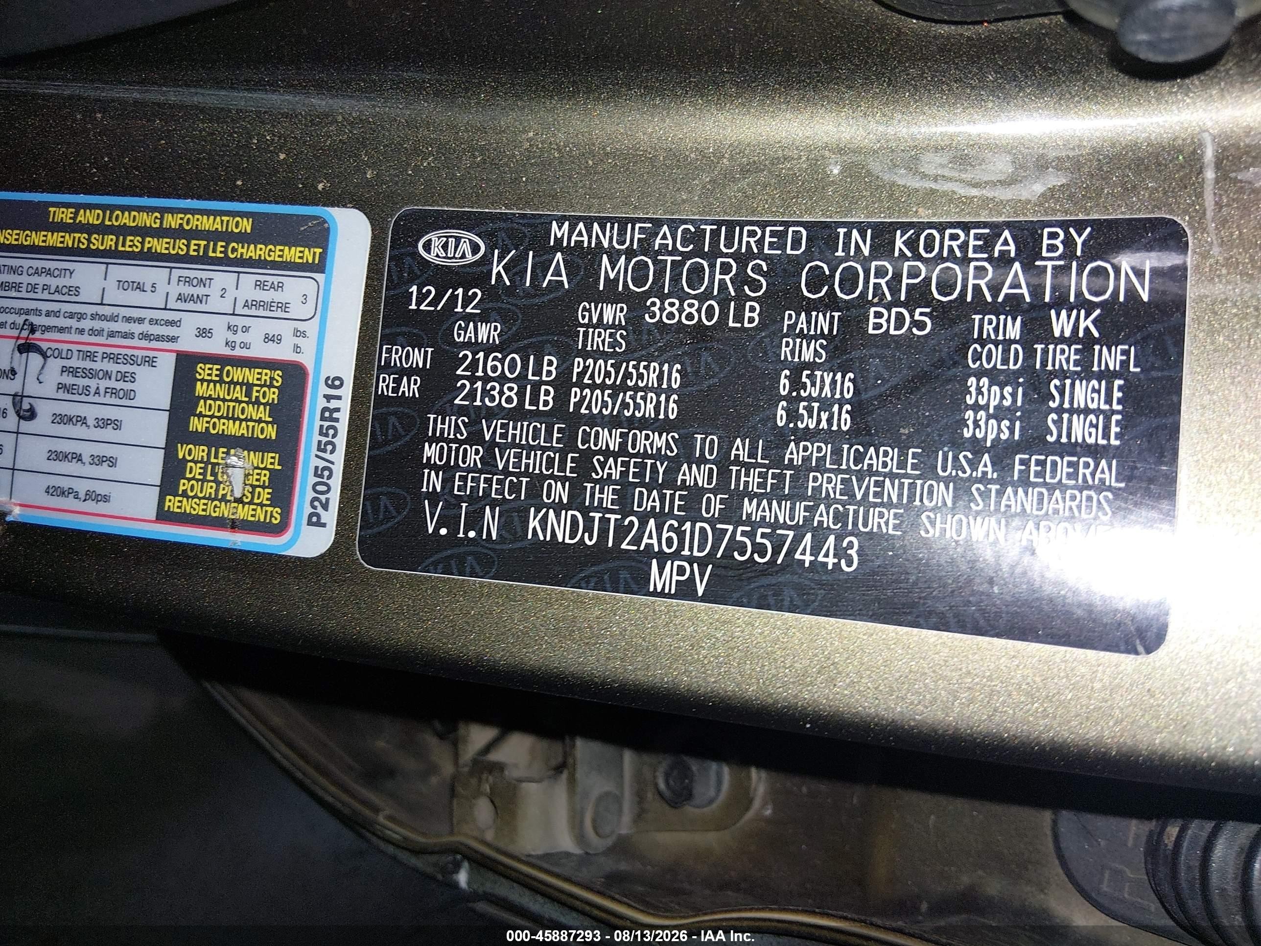 2013 Kia Soul + Gold vin: KNDJT2A61D7557443