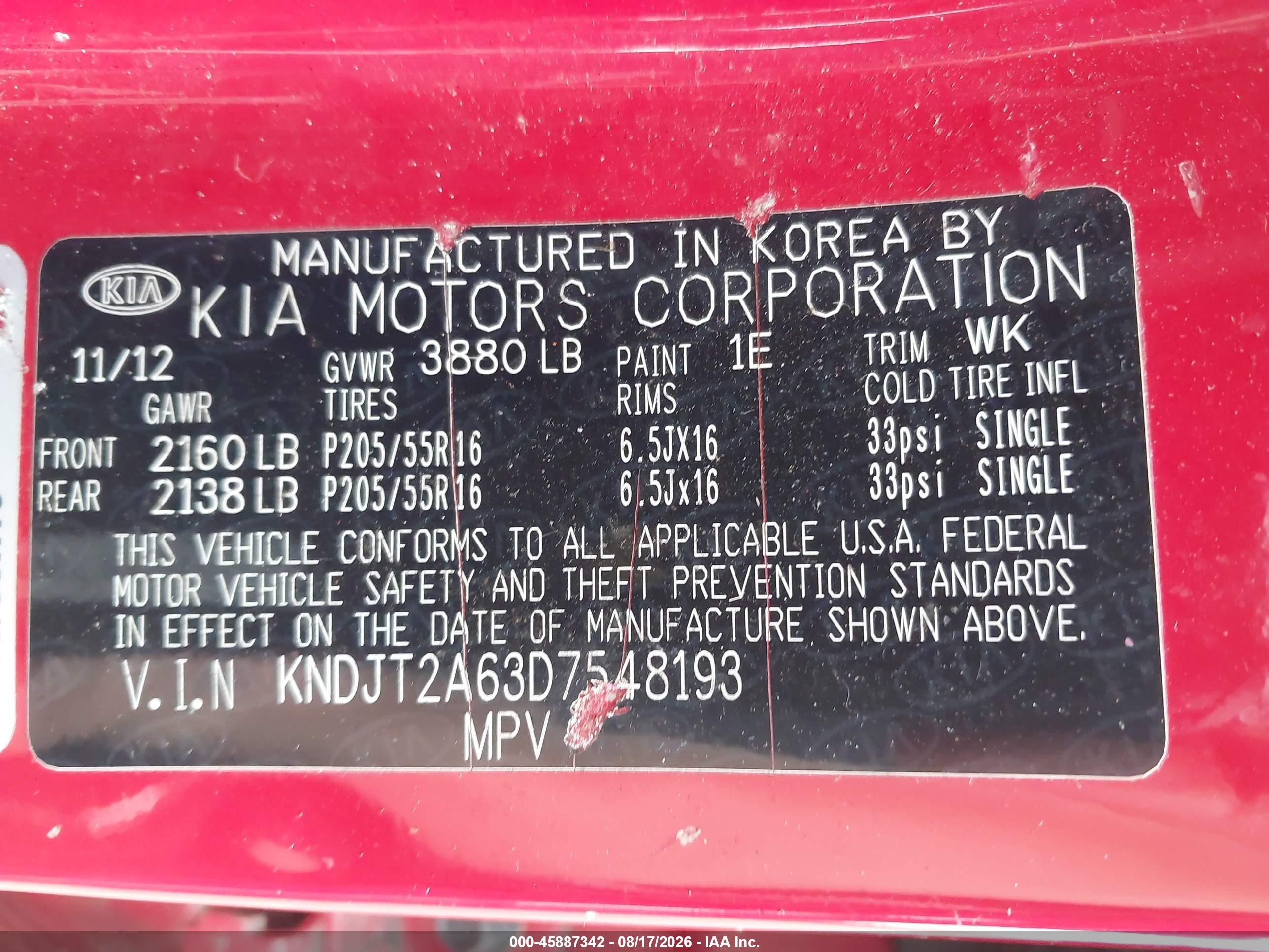 2013 Kia Soul + Red vin: KNDJT2A63D7548193