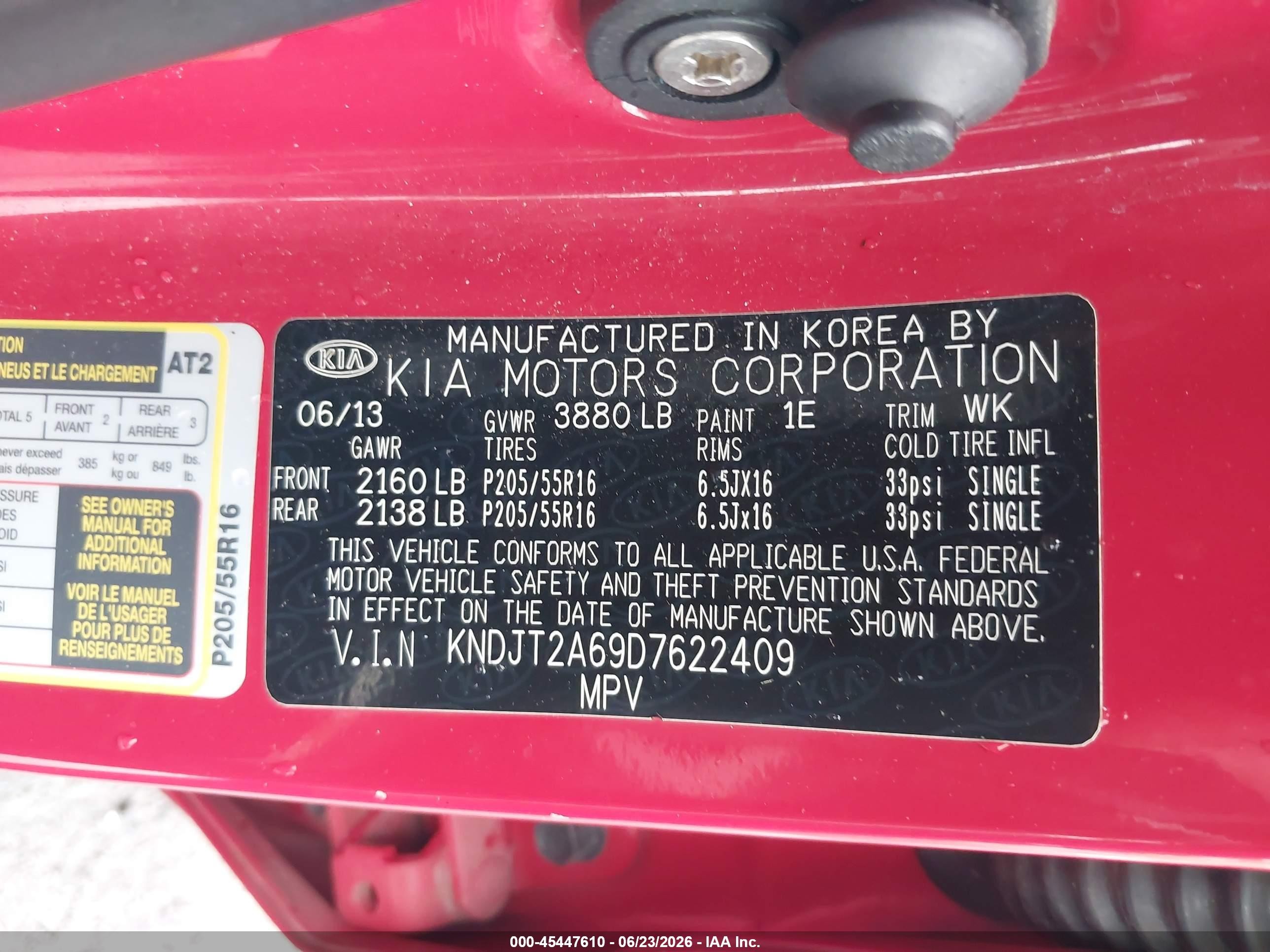2013 Kia Soul + Red vin: KNDJT2A69D7622409
