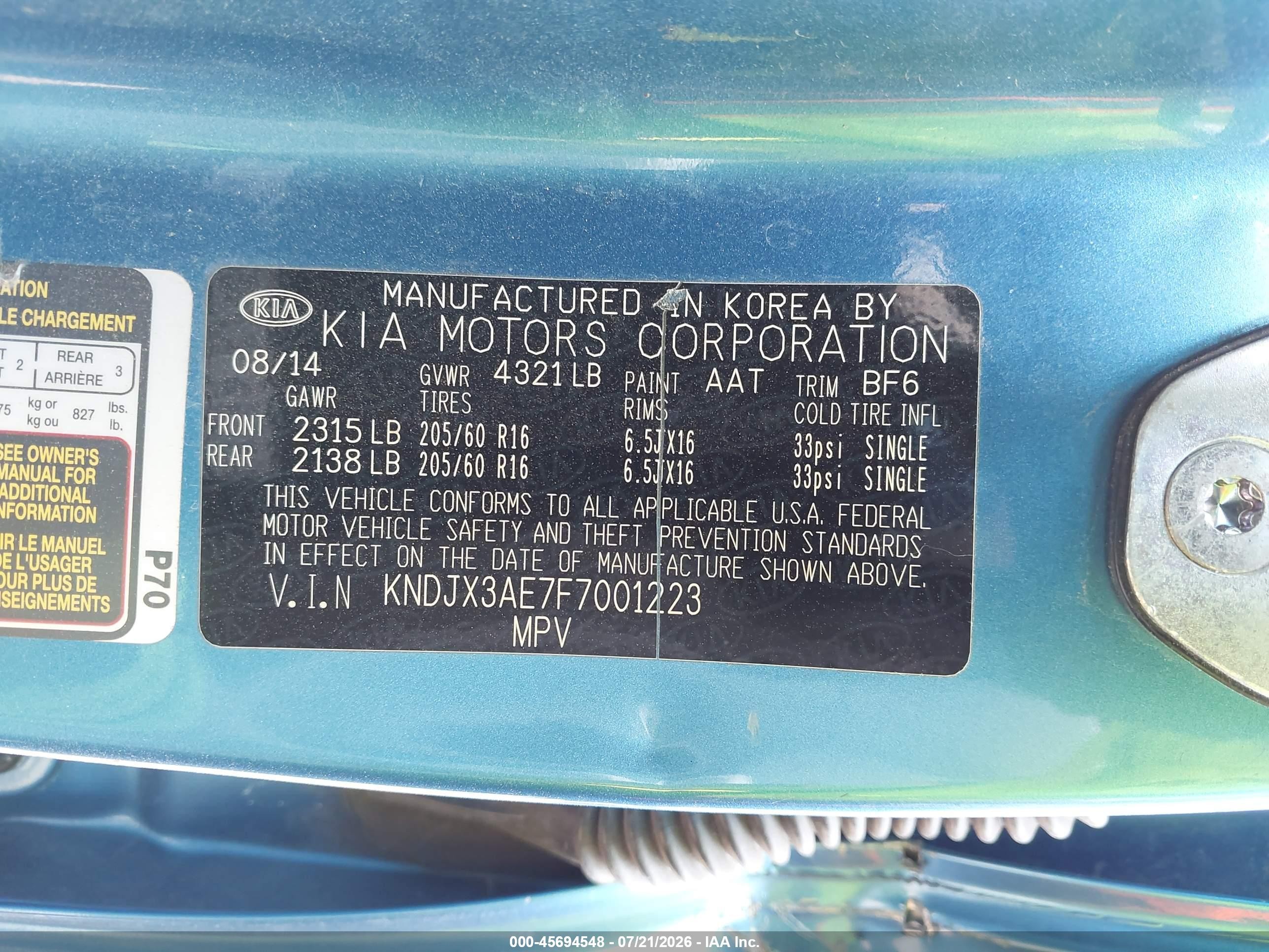 2015 Kia Soul Ev + Blue vin: KNDJX3AE7F7001223