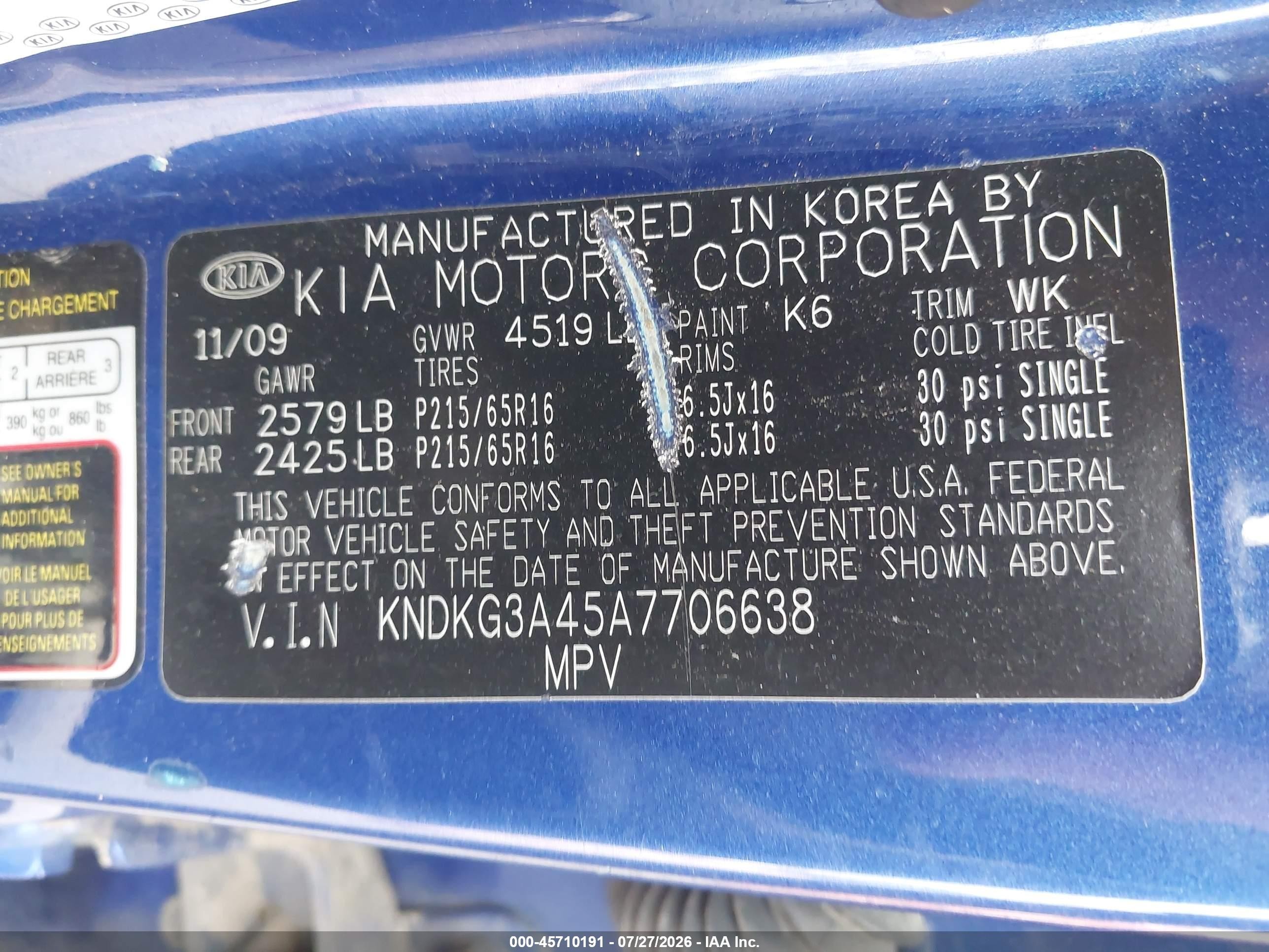 2010 Kia Sportage Lx Blue vin: KNDKG3A45A7706638