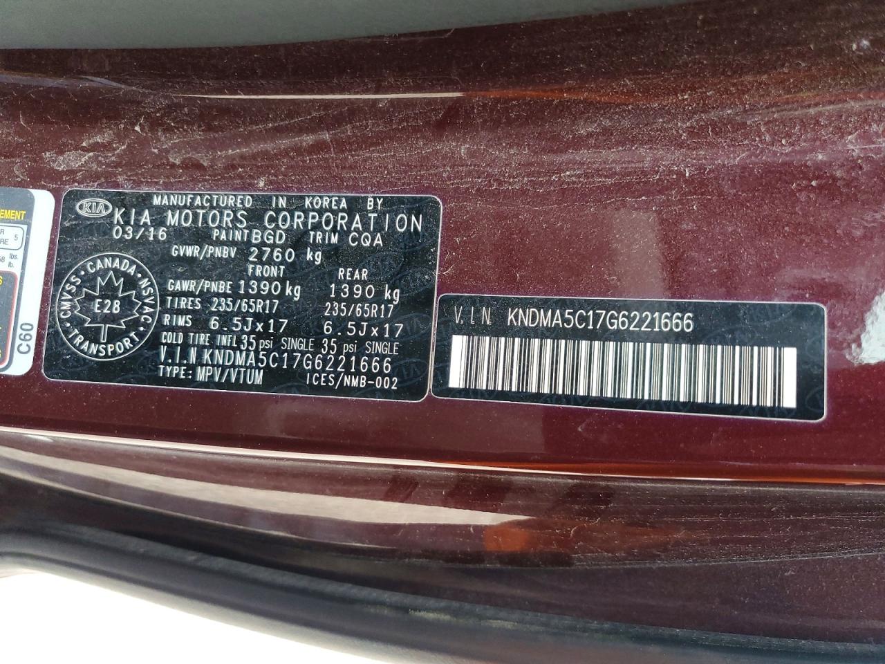 2016 Kia Sedona L Red vin: KNDMA5C17G6221666