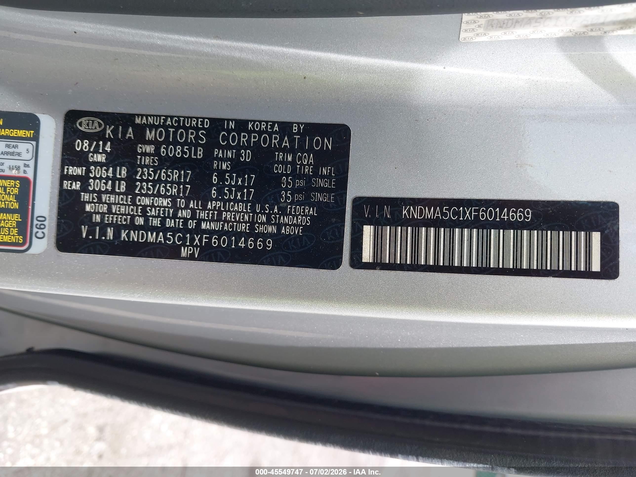 2015 Kia Sedona L Purple vin: KNDMA5C1XF6014669