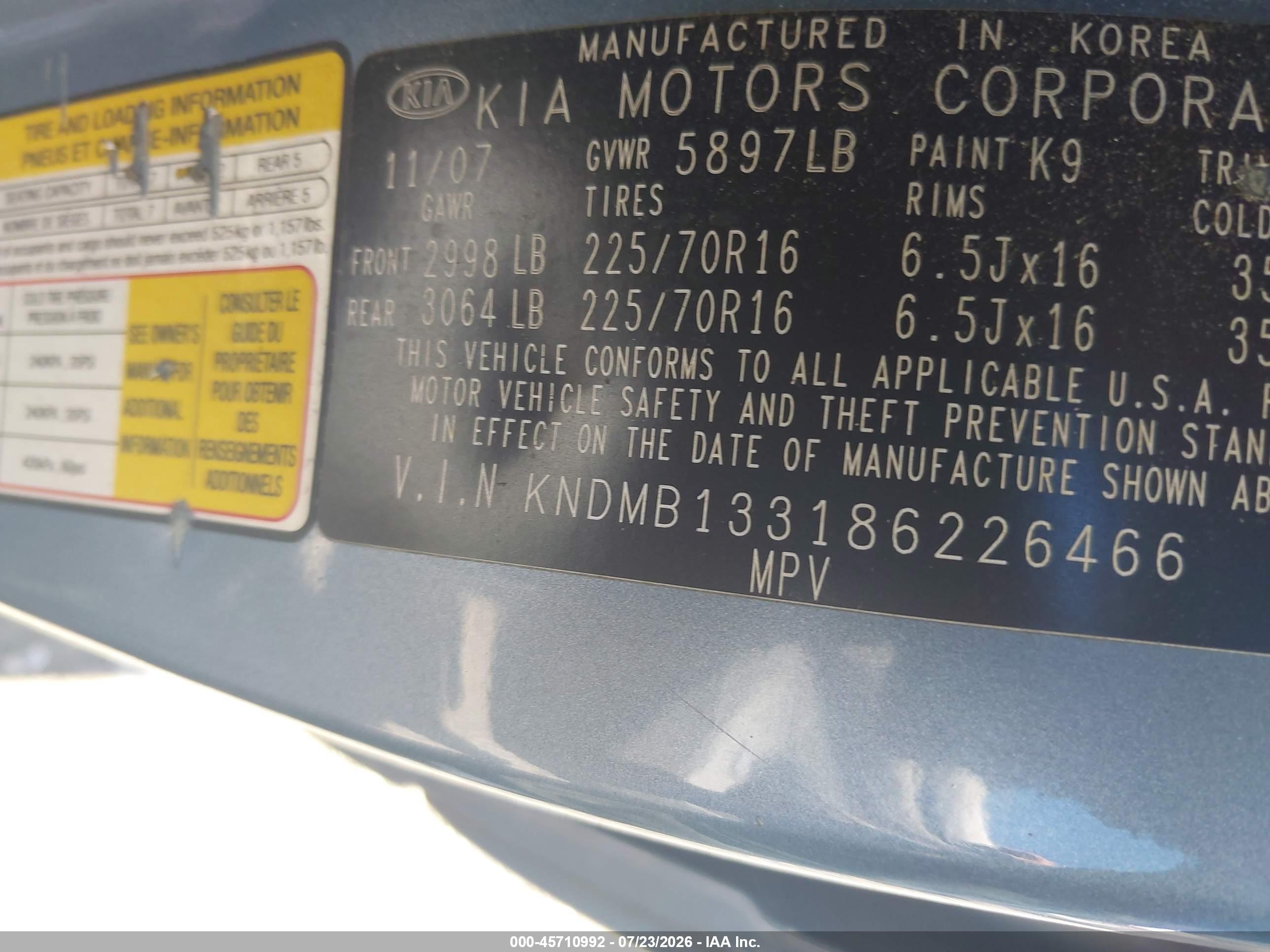2008 Kia Sedona   Blue vin: KNDMB133186226466
