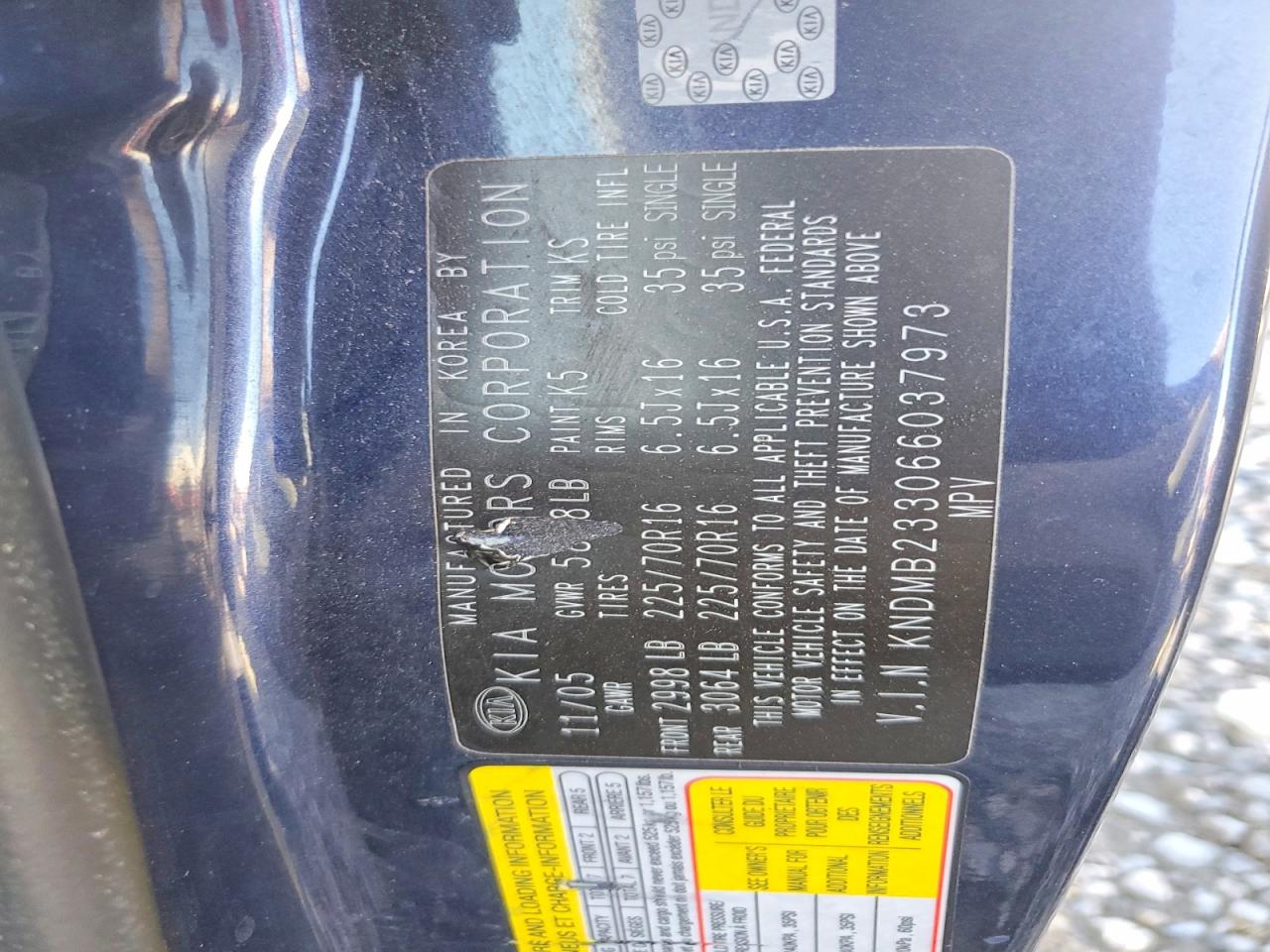 2006 Kia Sedona Lx Blue vin: KNDMB233066037973