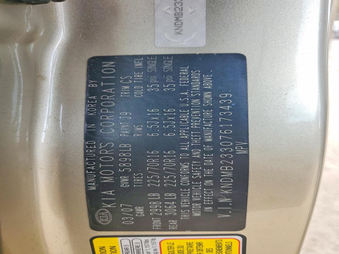 2007 Kia Sedona Ex/lx Gold vin: KNDMB233076173439