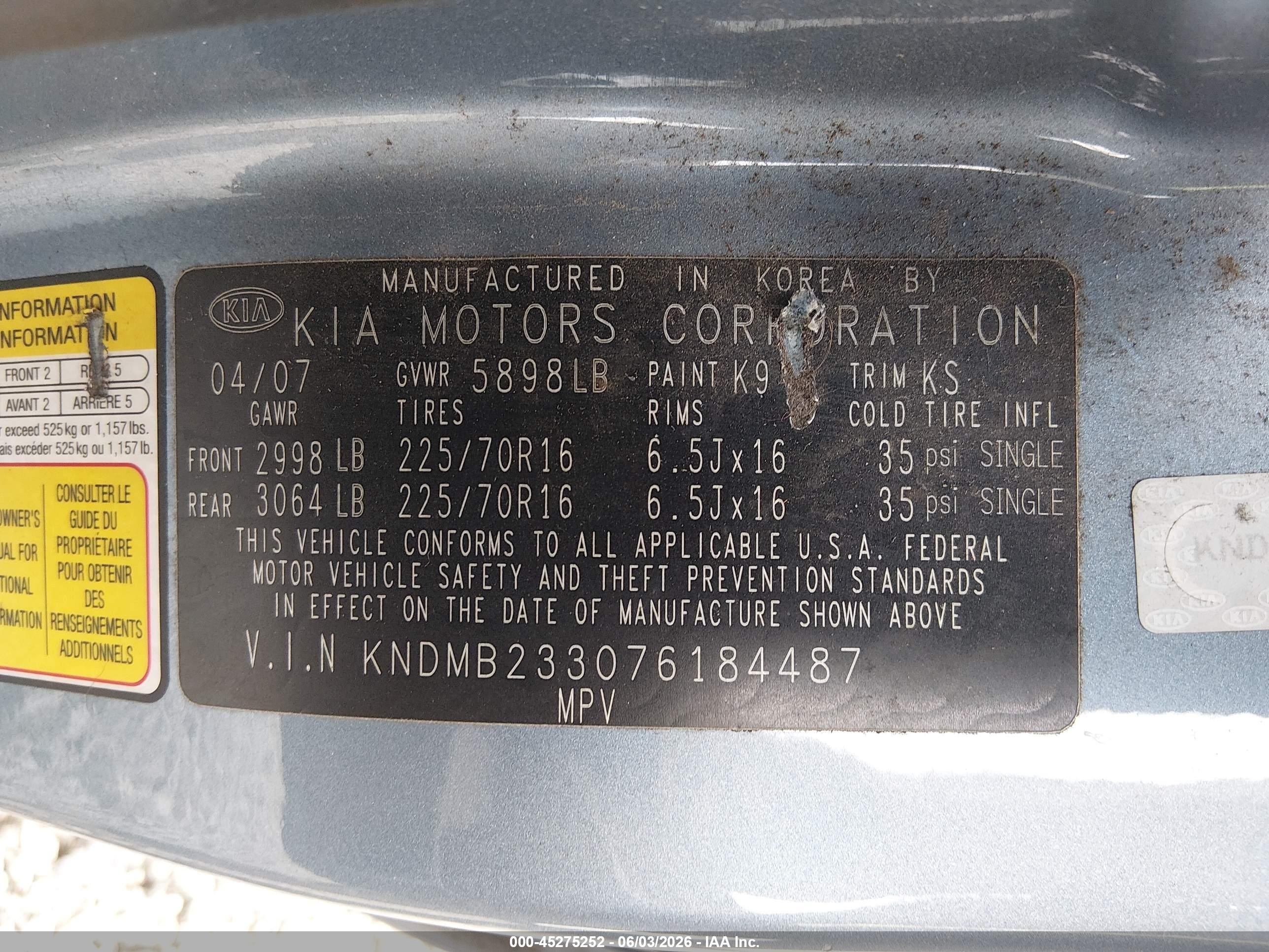2007 Kia Sedona Lx Blue vin: KNDMB233076184487