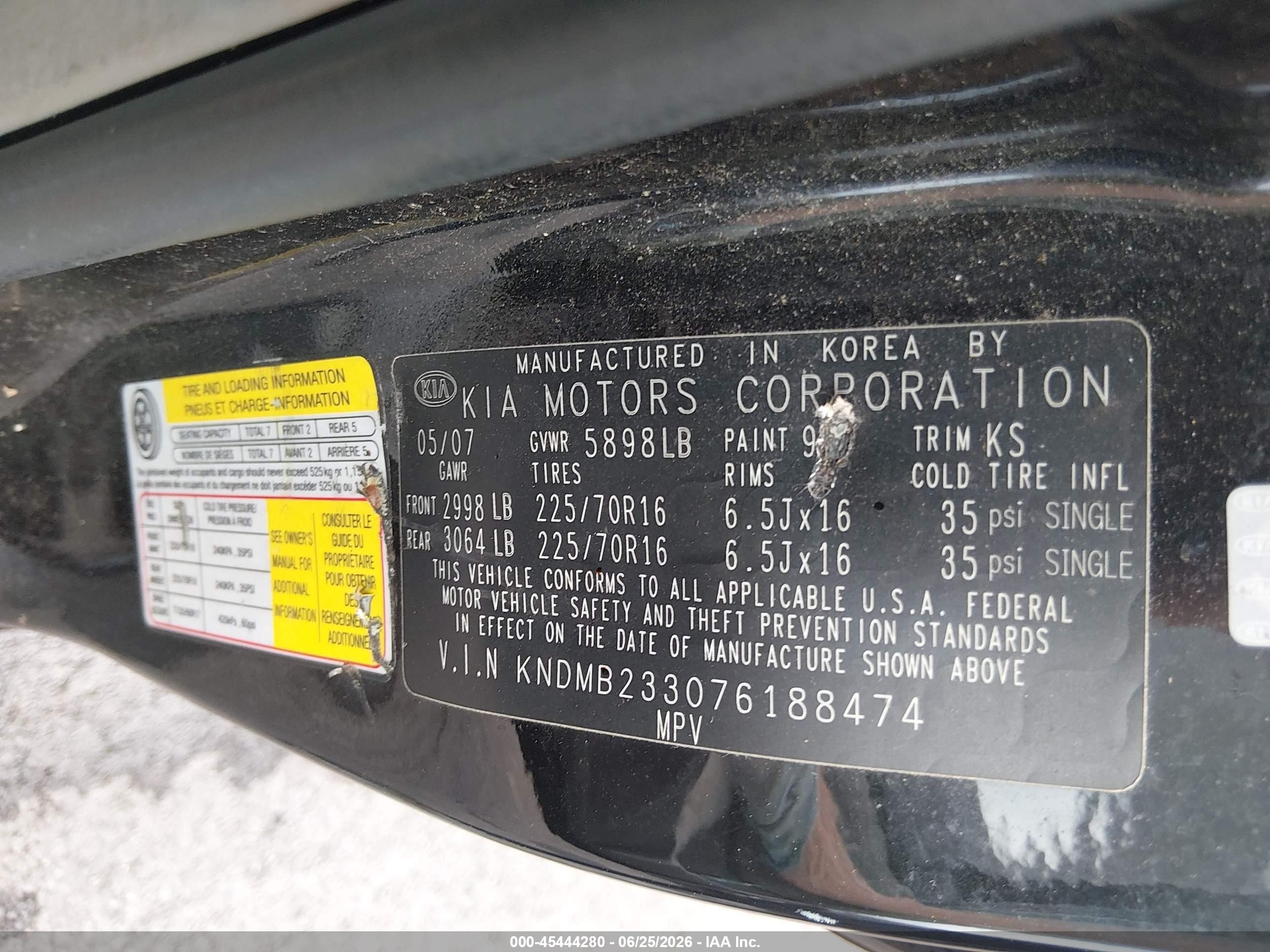 2007 Kia Sedona Lx Black vin: KNDMB233076188474