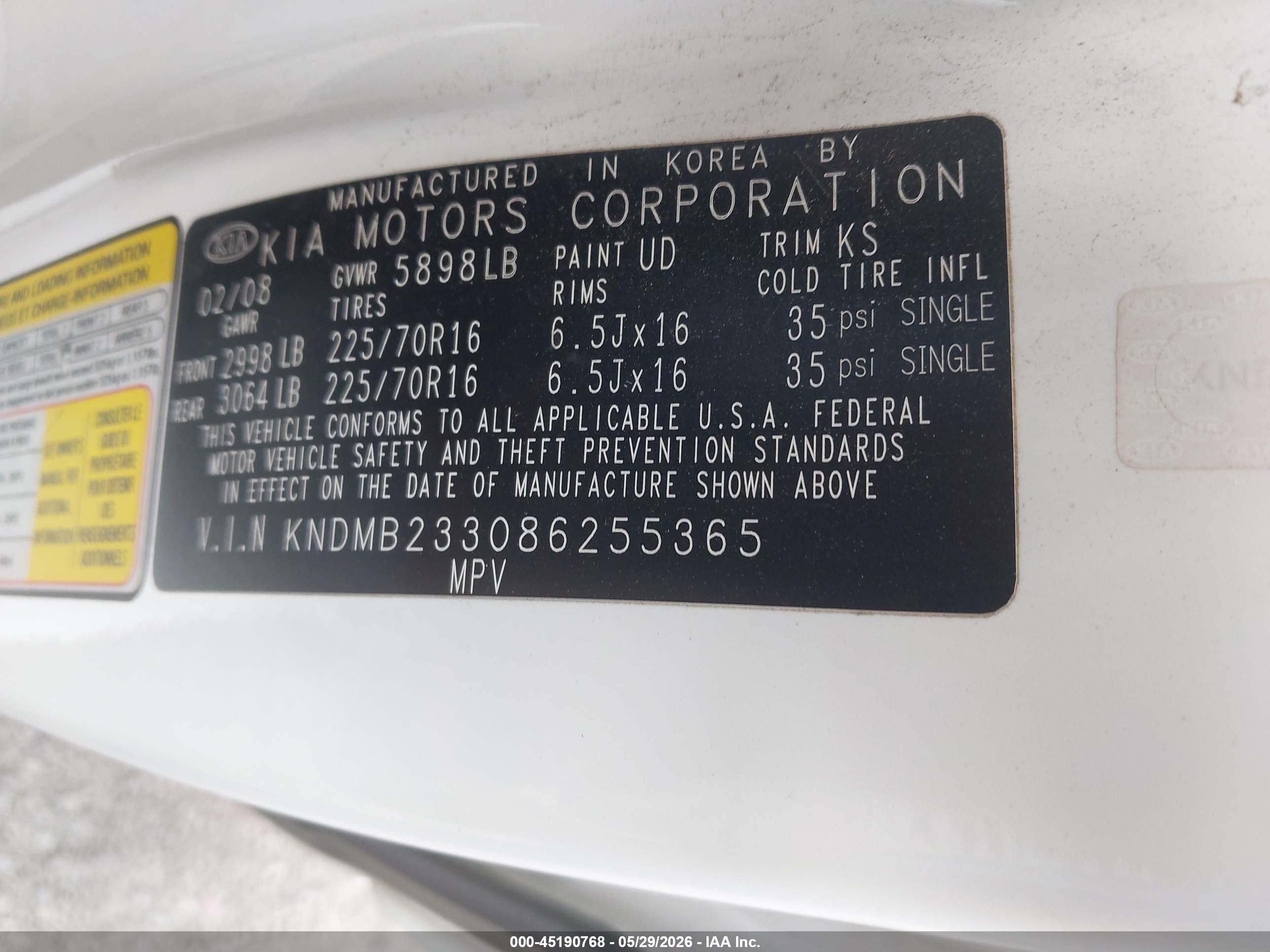 2008 Kia Sedona Lx White vin: KNDMB233086255365