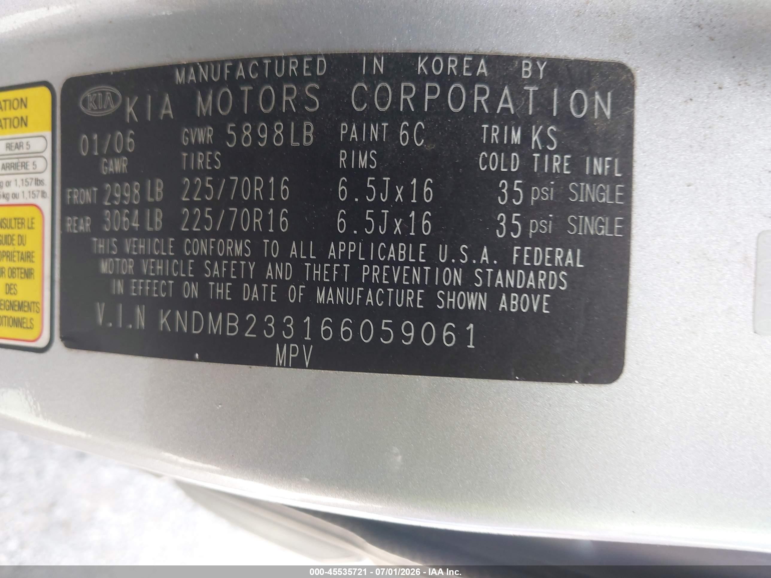 2006 Kia Sedona Ex/lx Silver vin: KNDMB233166059061