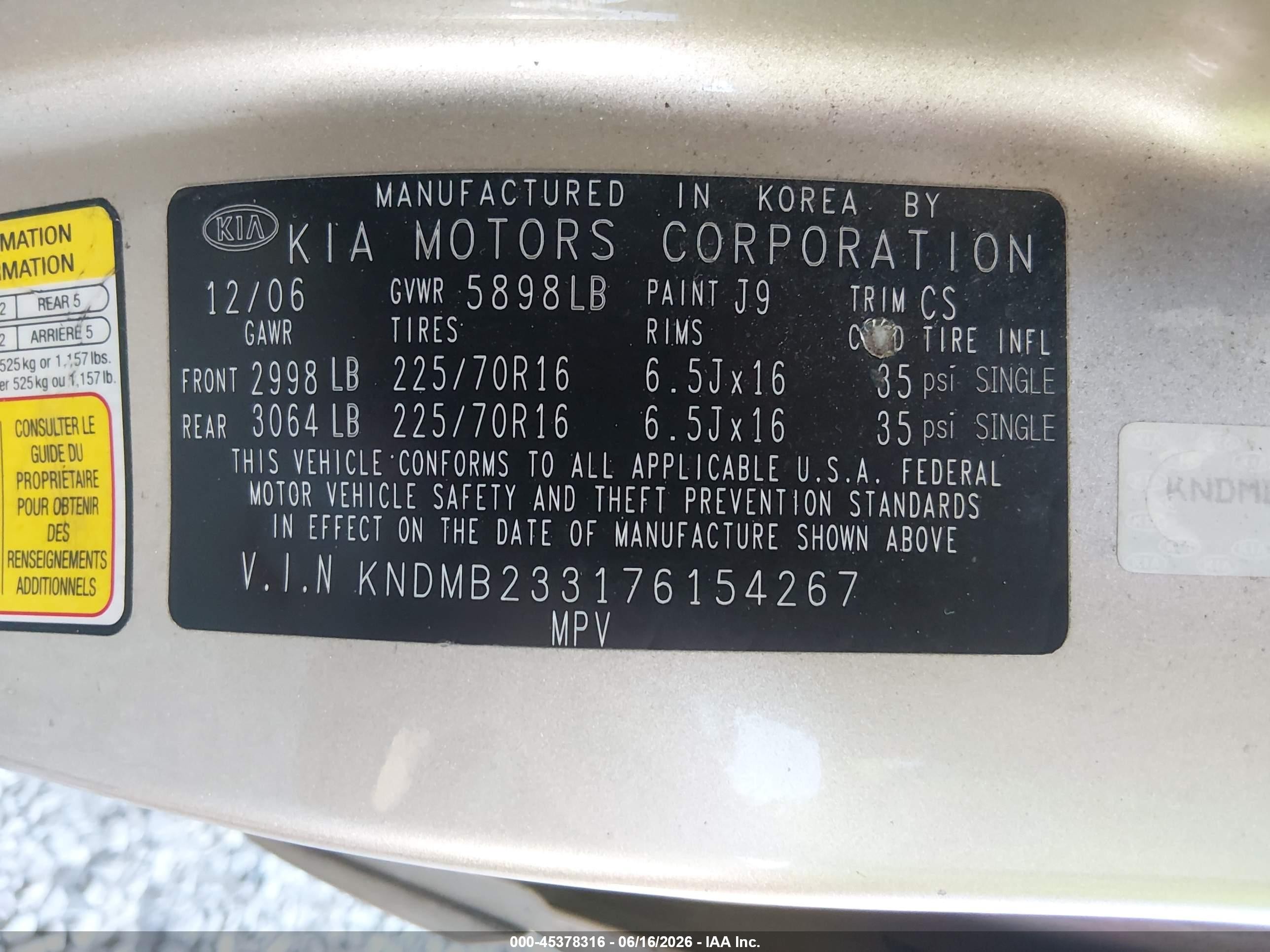 2007 Kia Sedona Lx Gold vin: KNDMB233176154267