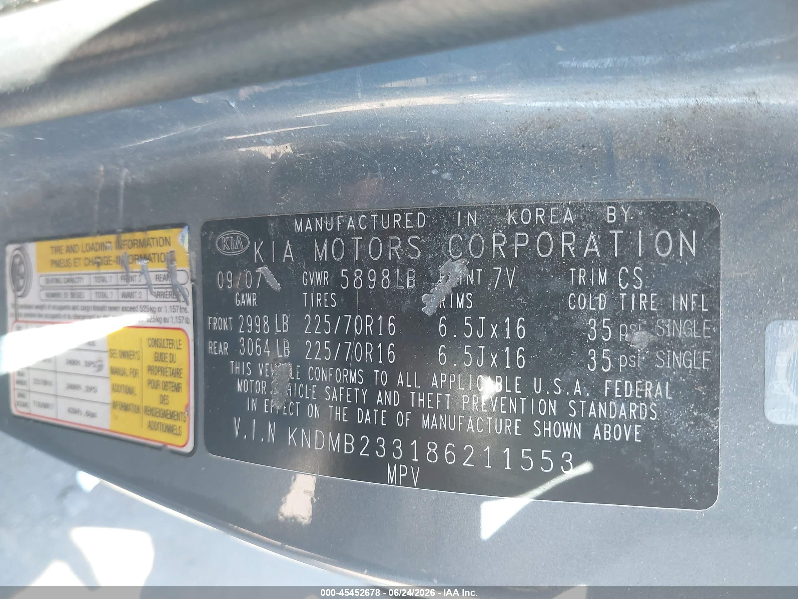 2008 Kia Sedona Lx Синий vin: KNDMB233186211553