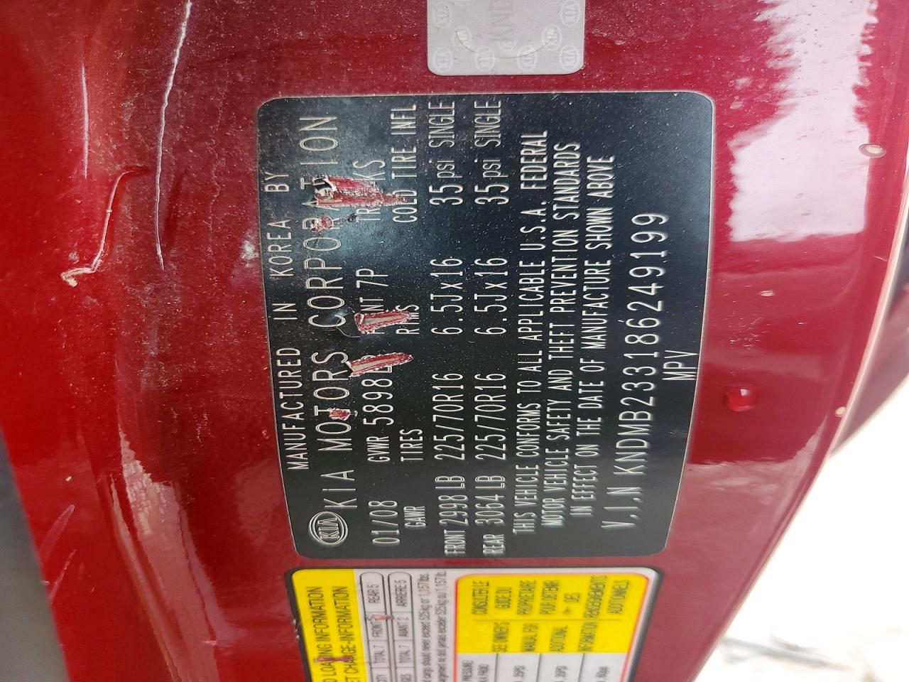2008 Kia Sedona Lx Red vin: KNDMB233186249199