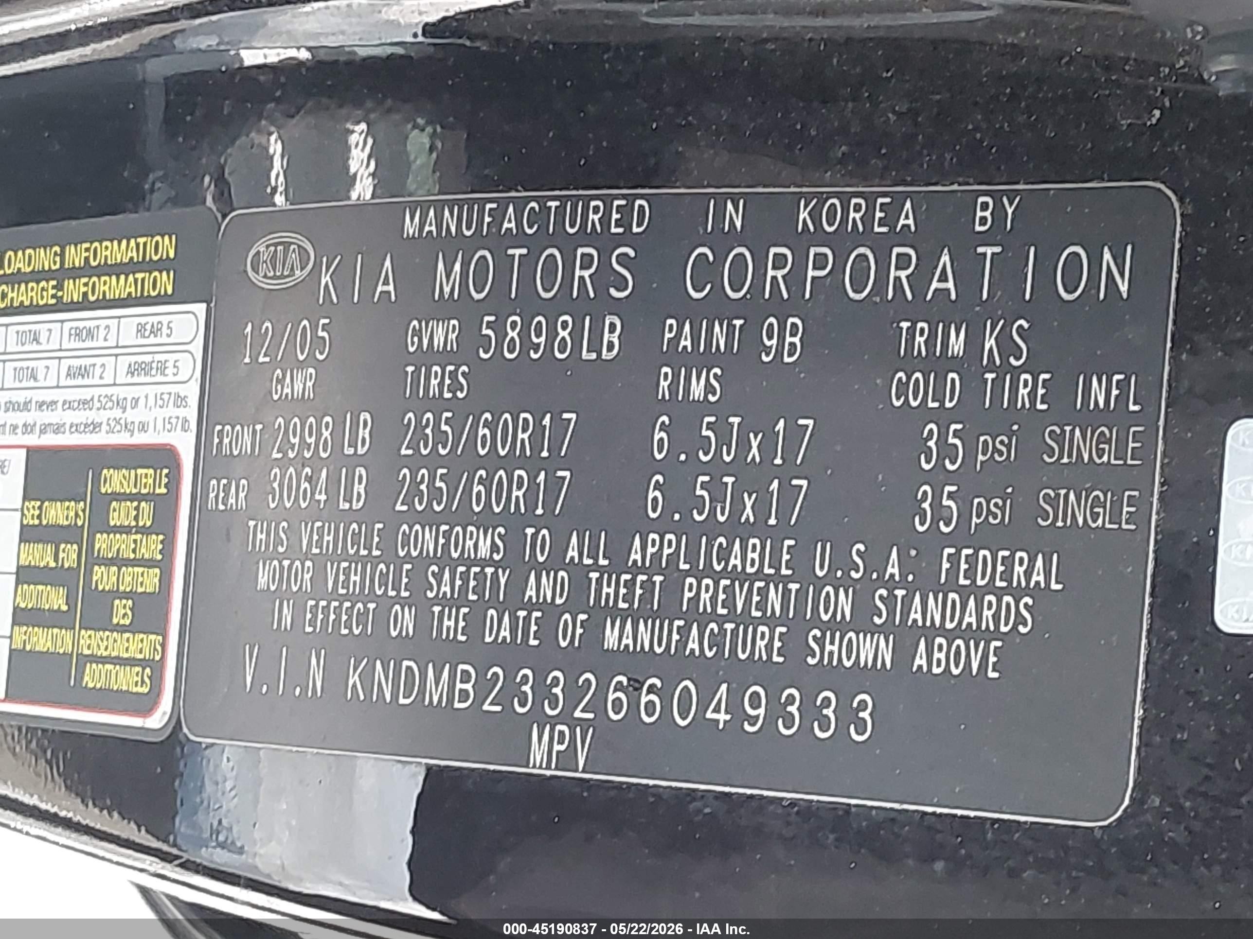 2006 Kia Sedona Ex/lx Black vin: KNDMB233266049333