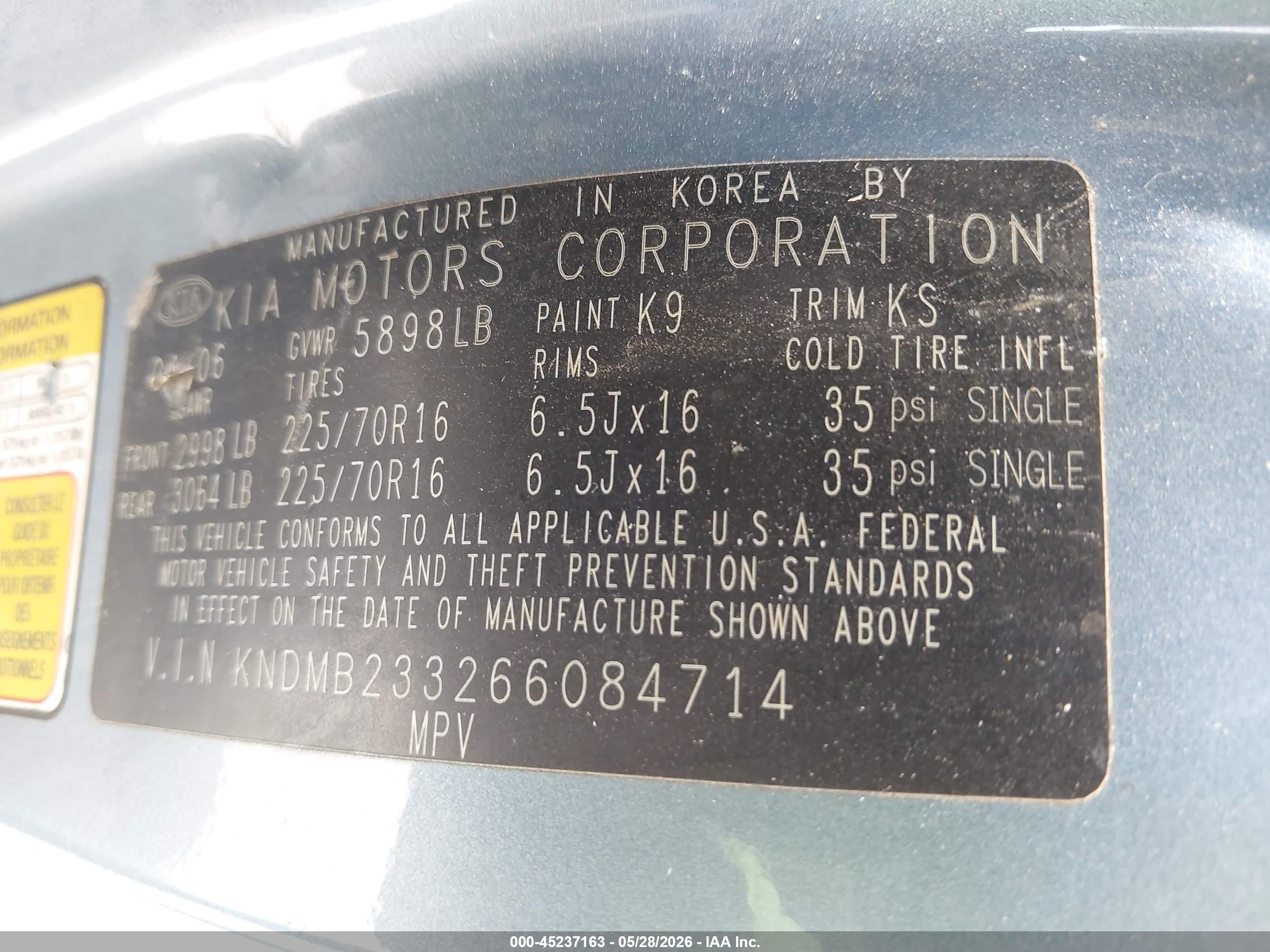 2006 Kia Sedona Ex/lx Blue vin: KNDMB233266084714