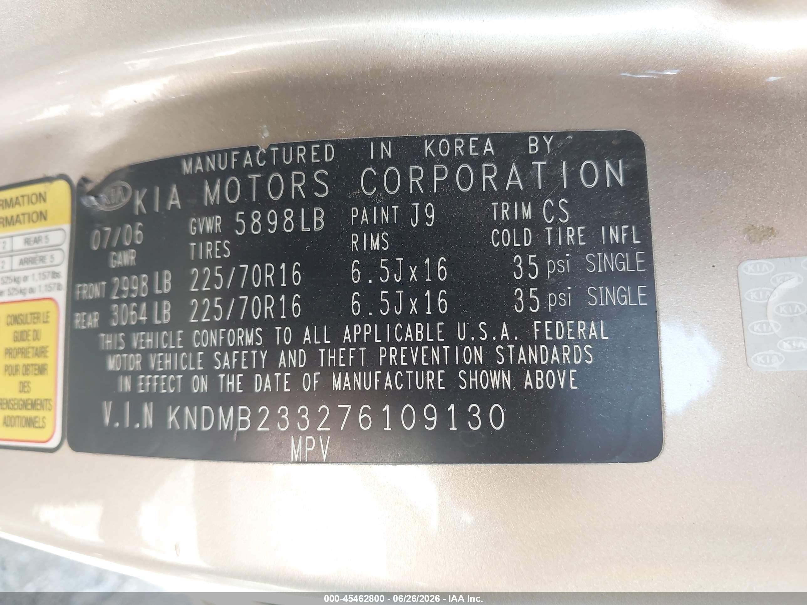 2007 Kia Sedona Lx Champagne vin: KNDMB233276109130