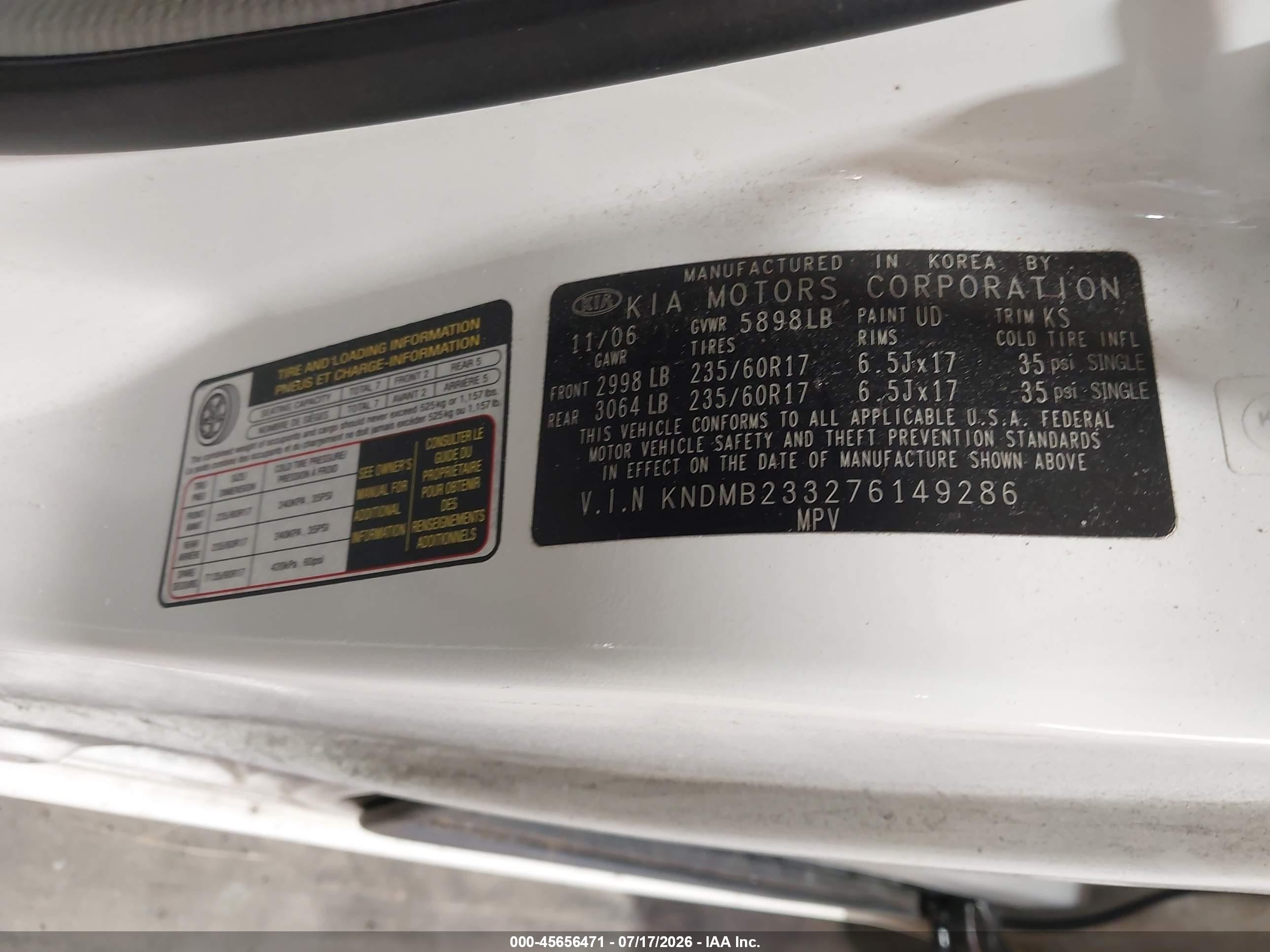 2007 Kia Sedona Ex White vin: KNDMB233276149286