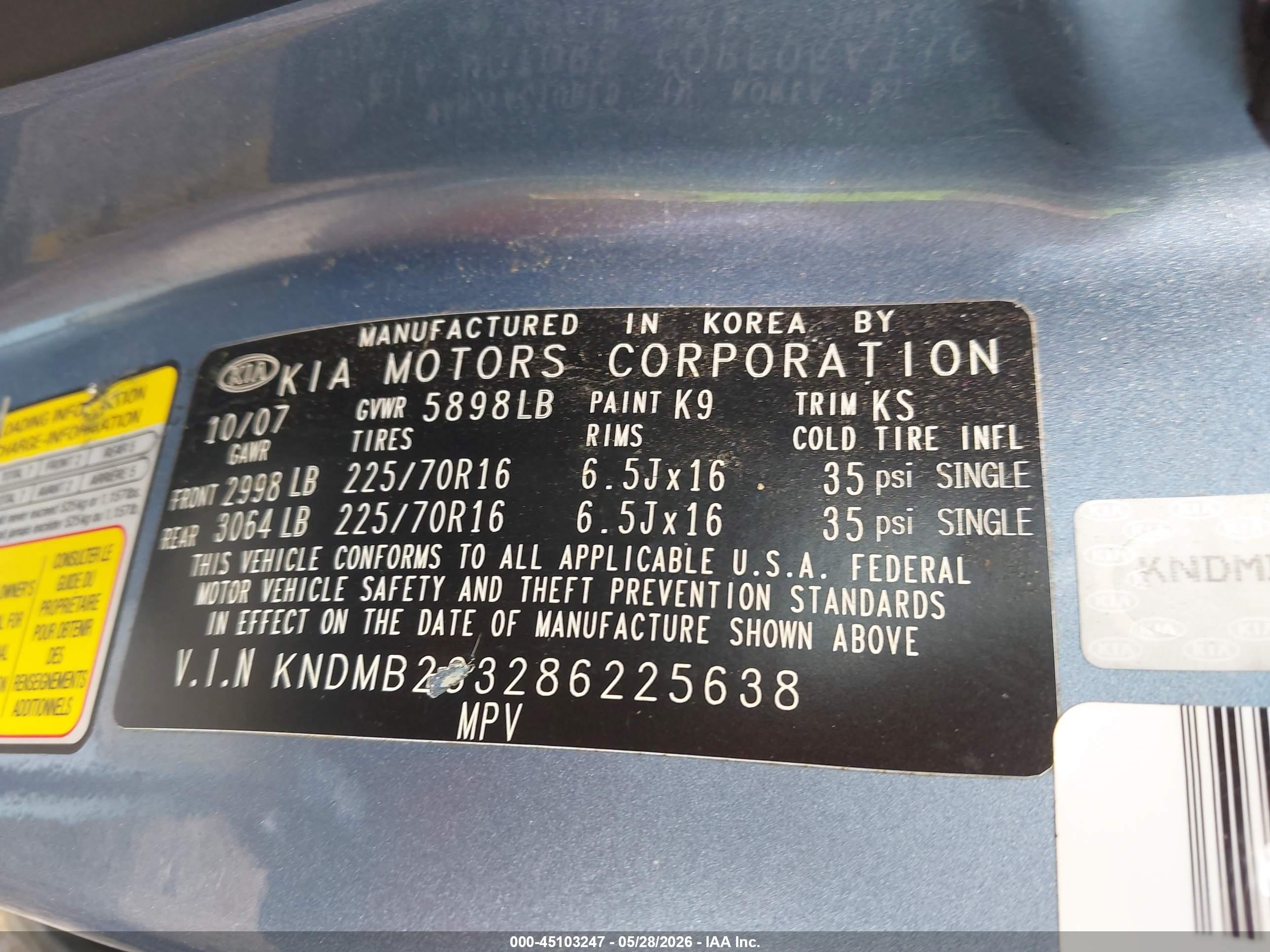 2008 Kia Sedona Lx Light Blue vin: KNDMB233286225638