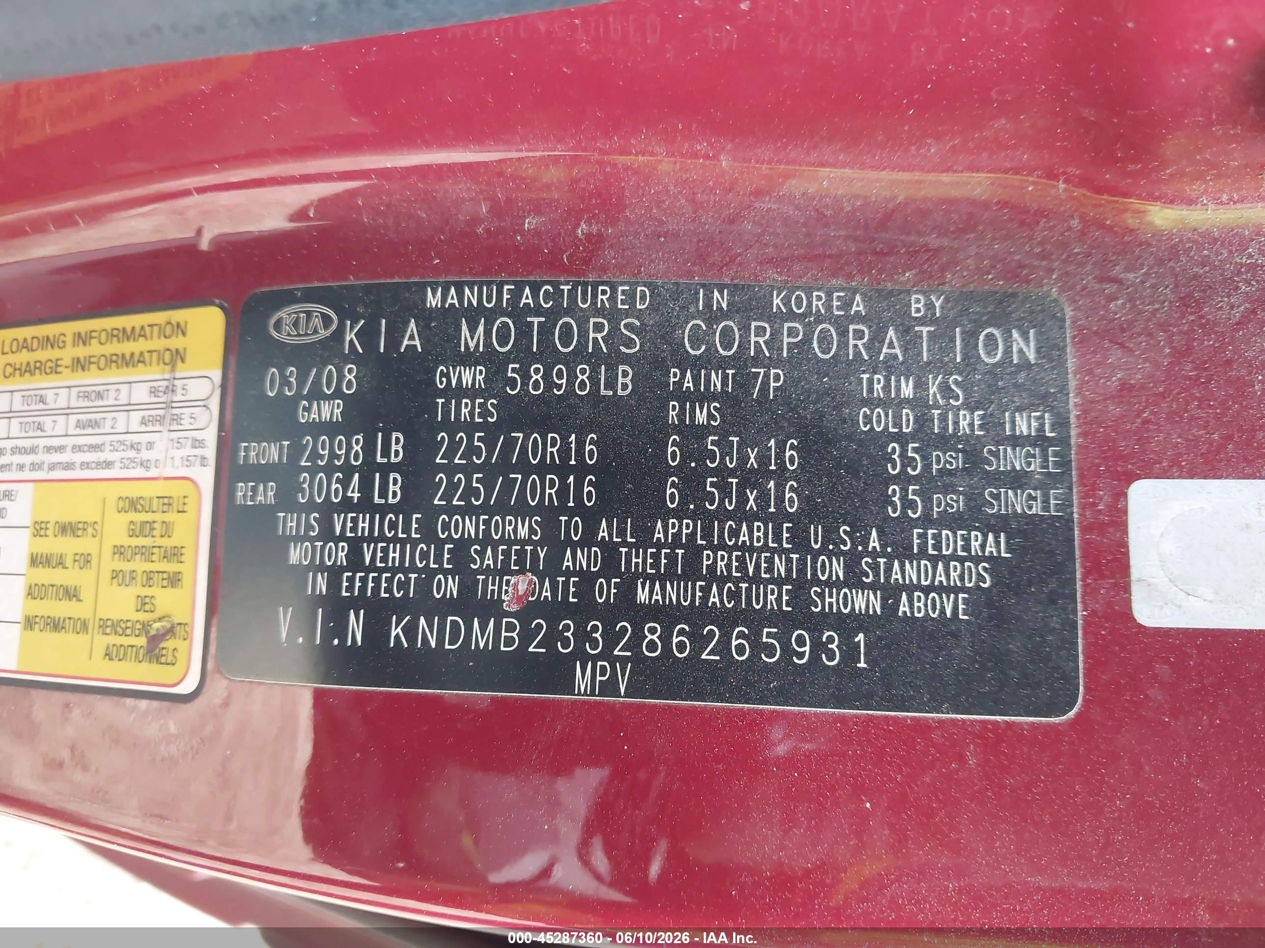 2008 Kia Sedona Lx Red vin: KNDMB233286265931