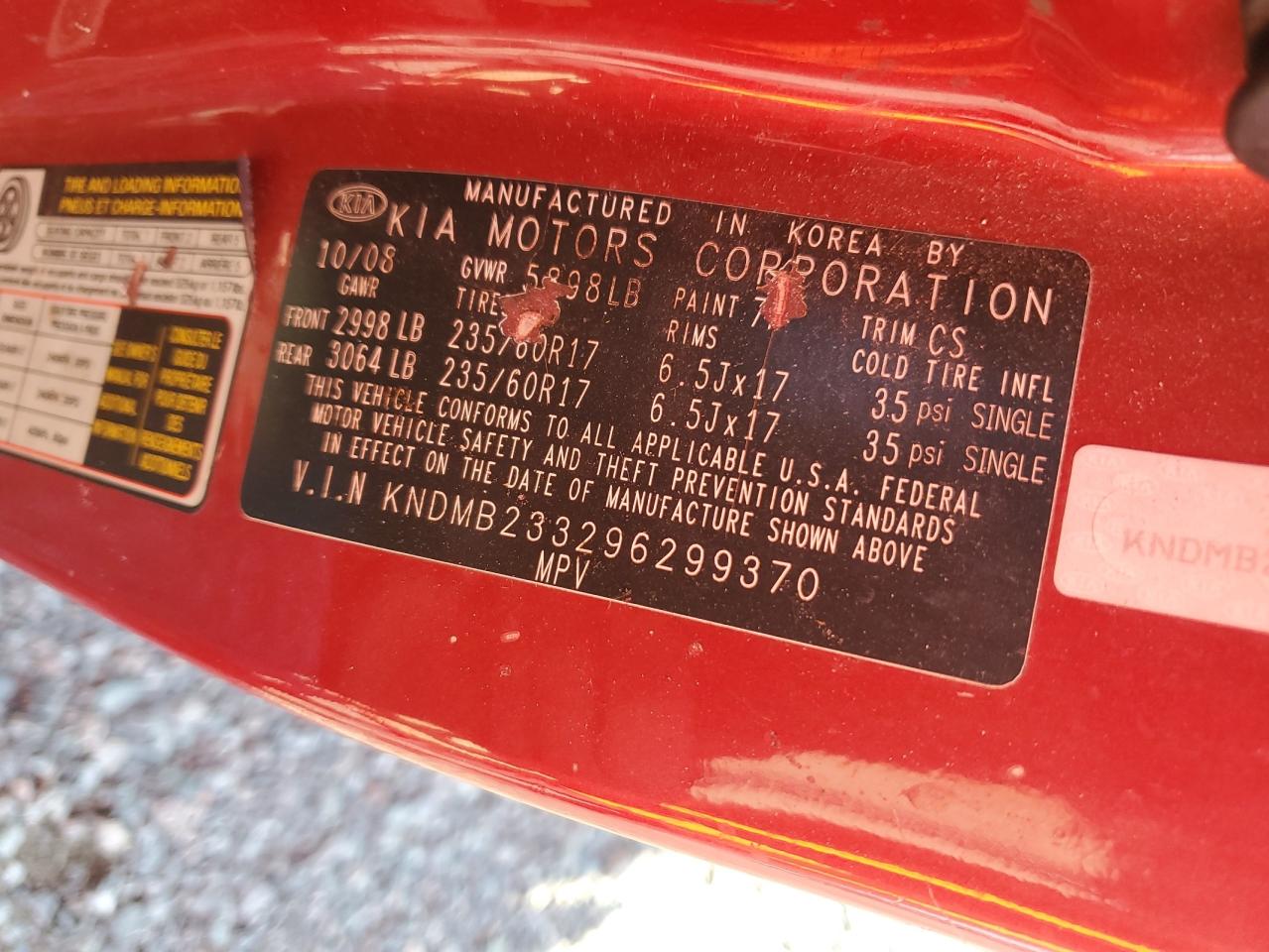 2009 Kia Sedona Lx Red vin: KNDMB233296299370