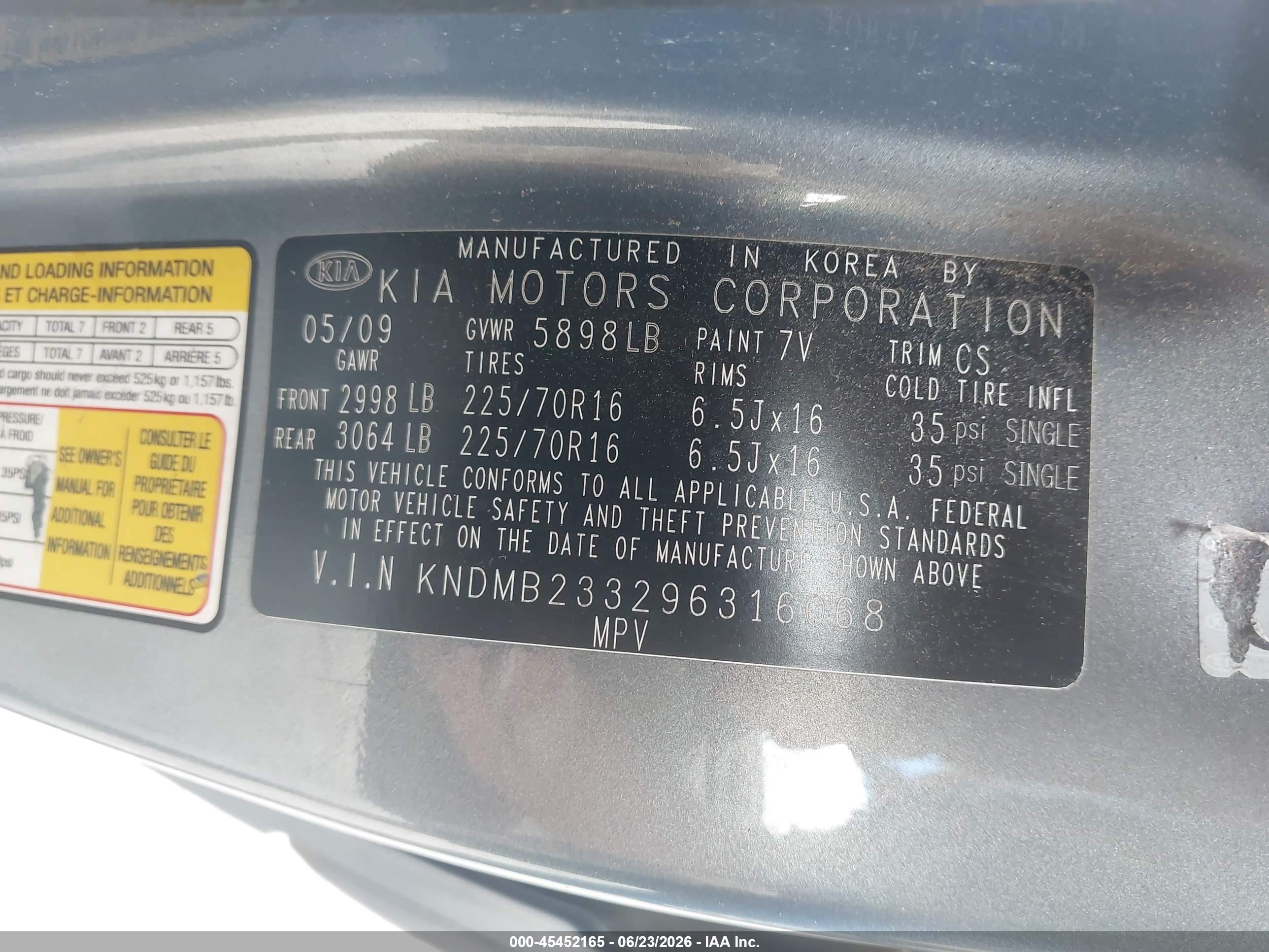 2009 Kia Sedona Lx Light Blue vin: KNDMB233296316068