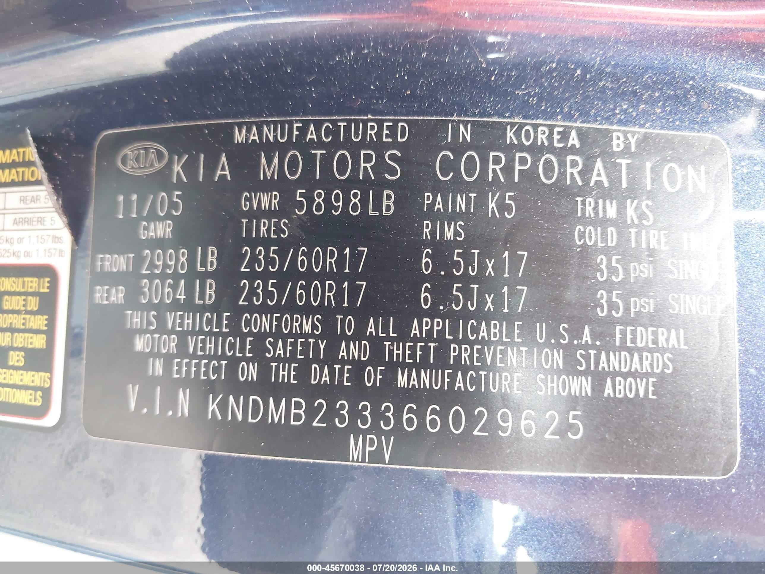 2006 Kia Sedona Ex/lx Blue vin: KNDMB233366029625