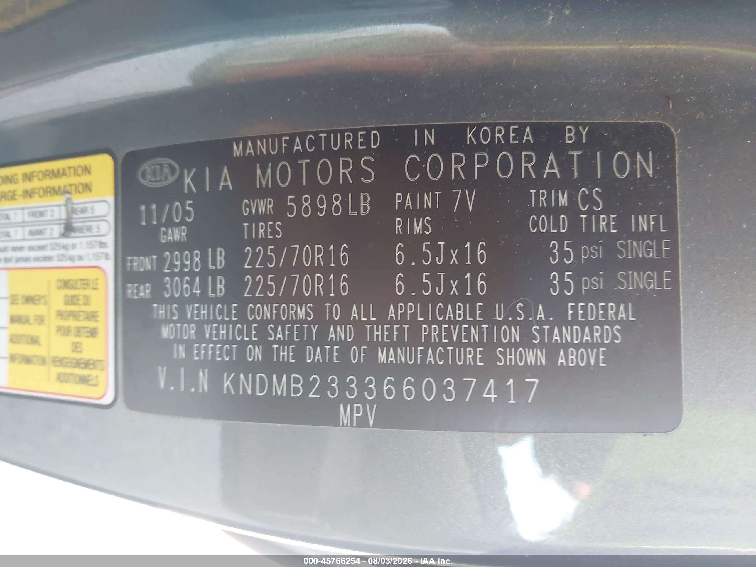 2006 Kia Sedona Ex/lx Gray vin: KNDMB233366037417