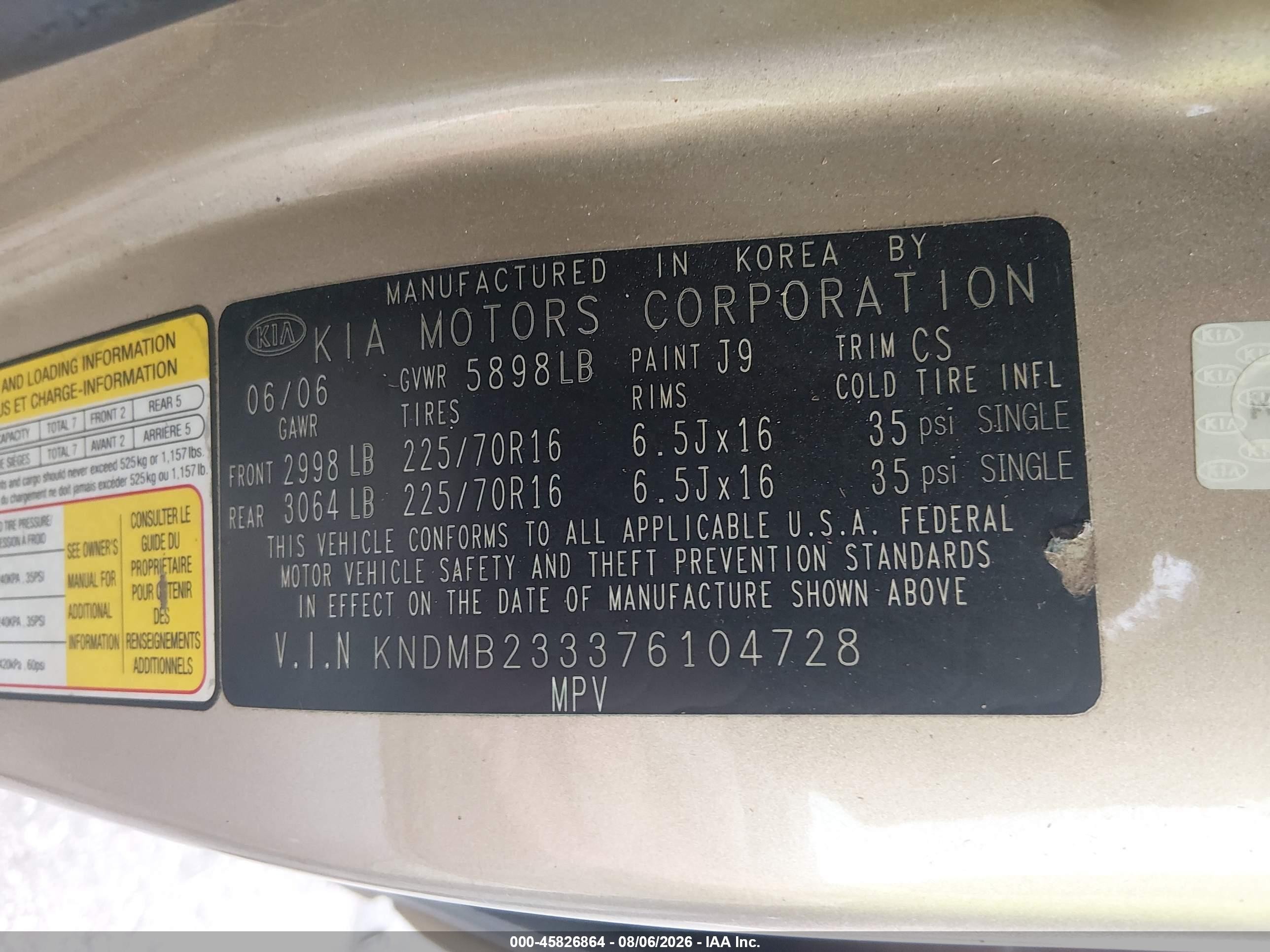2007 Kia Sedona Lx Champagne vin: KNDMB233376104728